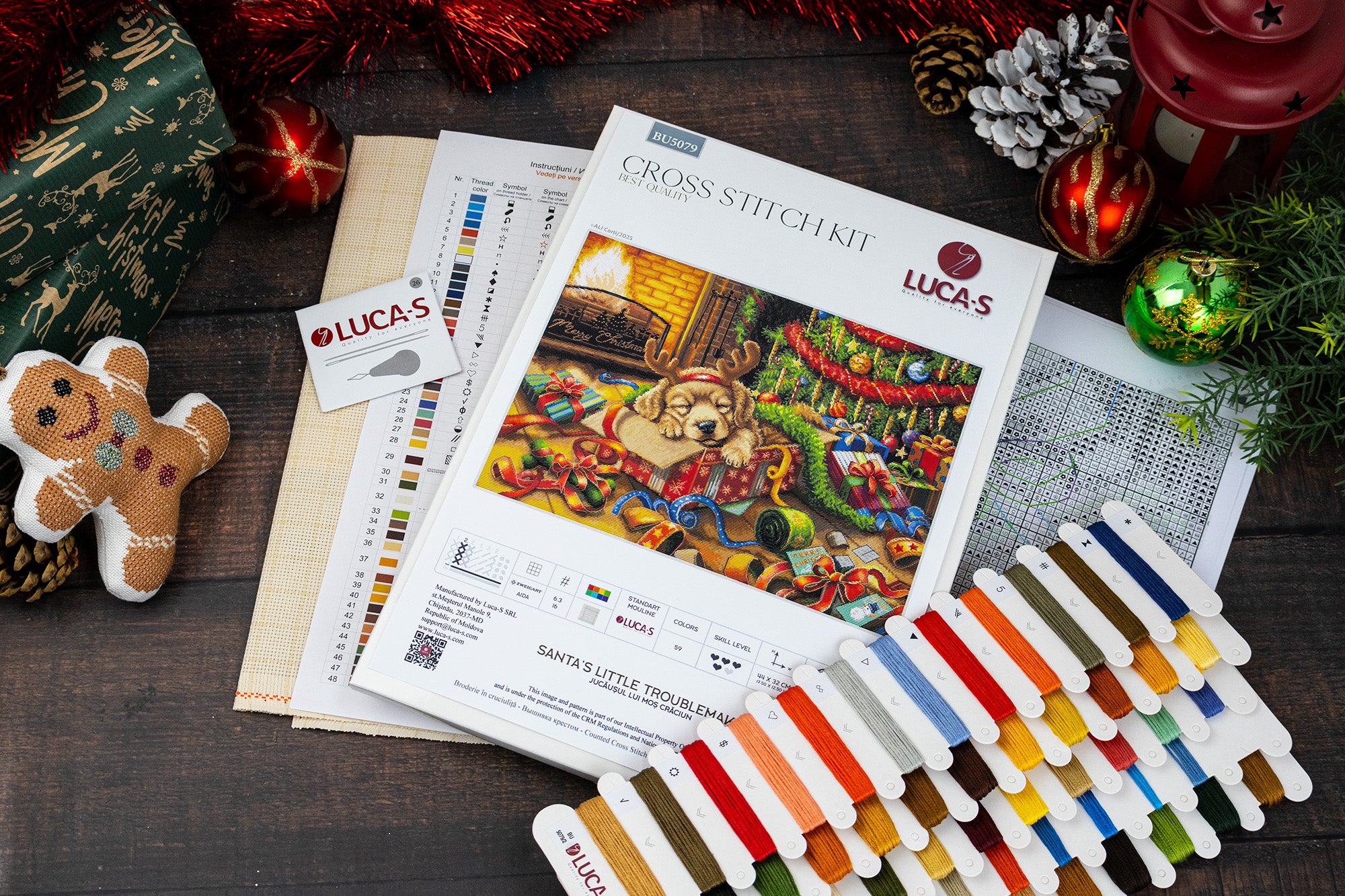 Luca-S BU5079 Santa's Little Troublemaker Cross Stitch Kit by ALI Corti, Aida 16ct Fabric, 44 x 32 cm, 59 Colors