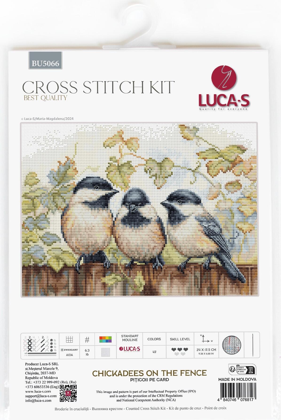 Набор для вышивания Luca-S BU5066 Chickadees On The Fence, канва Zweigart Aida 16 ct, 24 x 17.5 см, 47 цветов, нити 100% хлопок