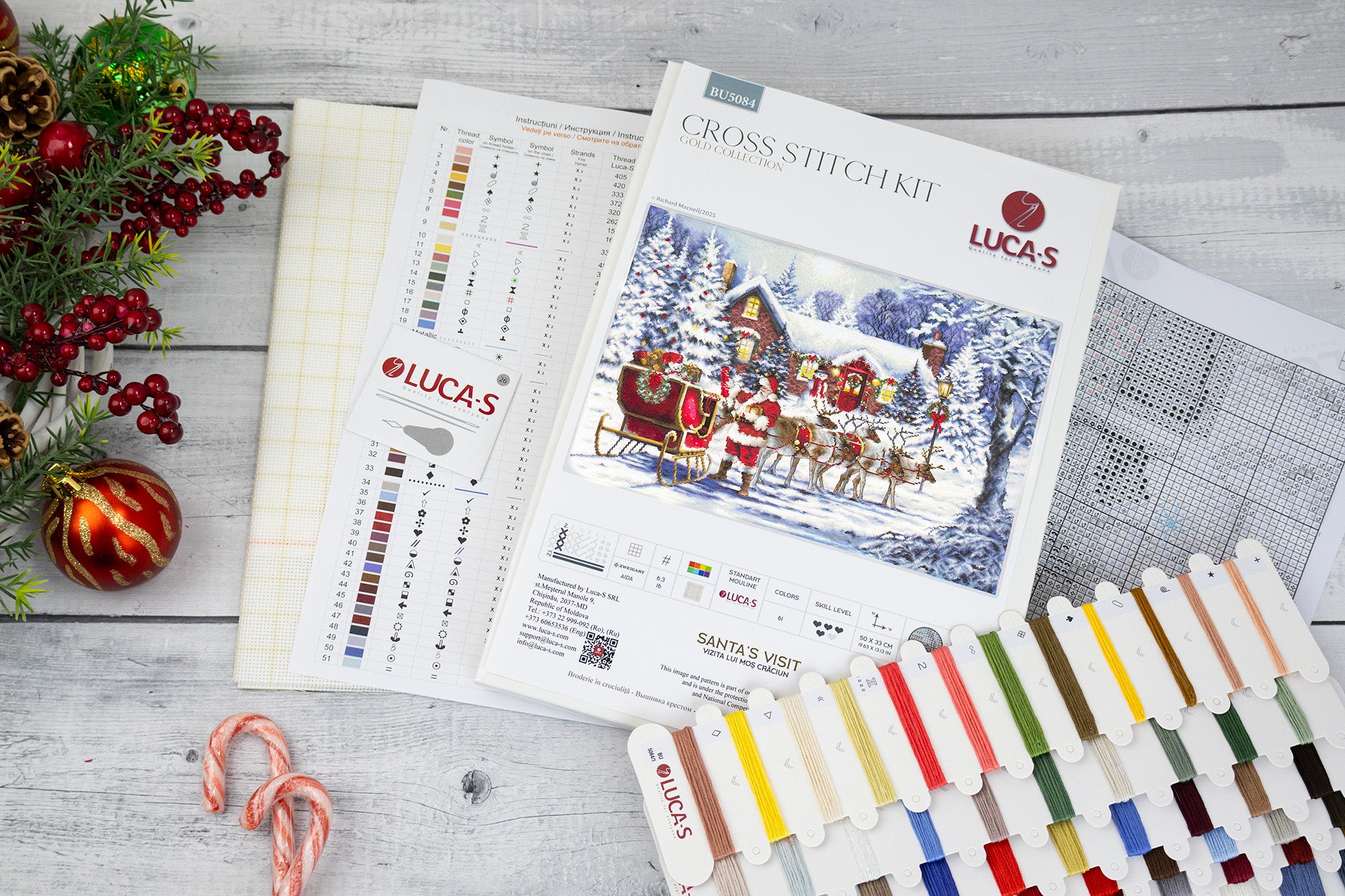 Luca-S BU5084 Santa's Visit Cross Stitch Kit, GOLD Collection by Richard Macneil, 50 x 33 cm, Zweigart Aida 16 ct Fabric, 61 Colors