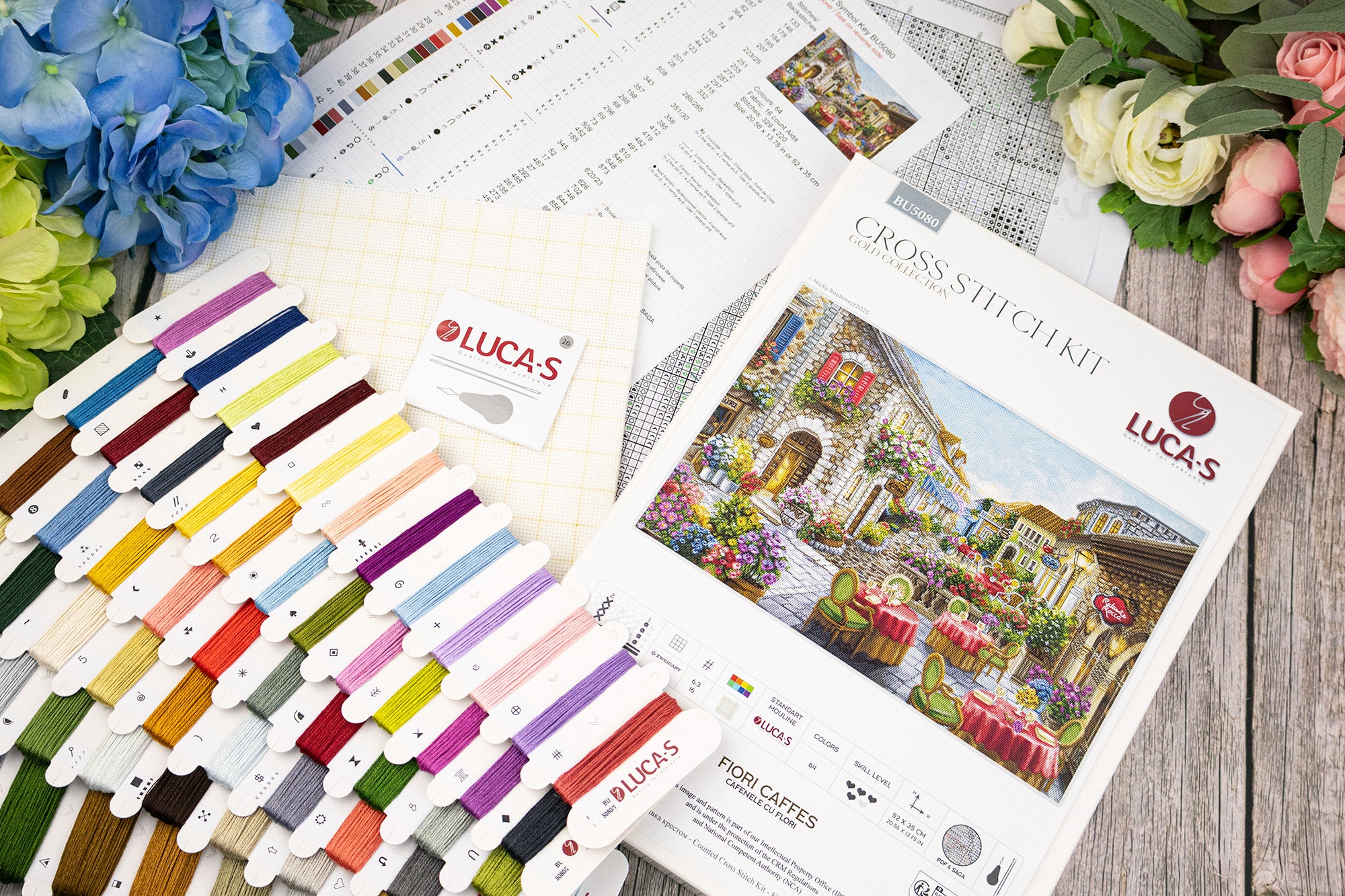 Kit Insiruire Luca-S BU5080 GOLD Collection Fiori Caffes, 52 x 35 cm, Material Zweigart Aida 16 ct, 64 Culori, Atele de Bumbac
