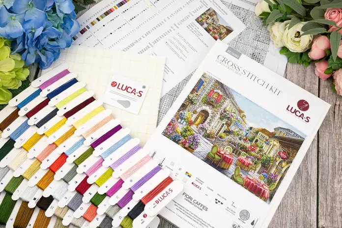 Kit Insiruire Luca-S BU5080 GOLD Collection Fiori Caffes, 52 x 35 cm, Material Zweigart Aida 16 ct, 64 Culori, Atele de Bumbac