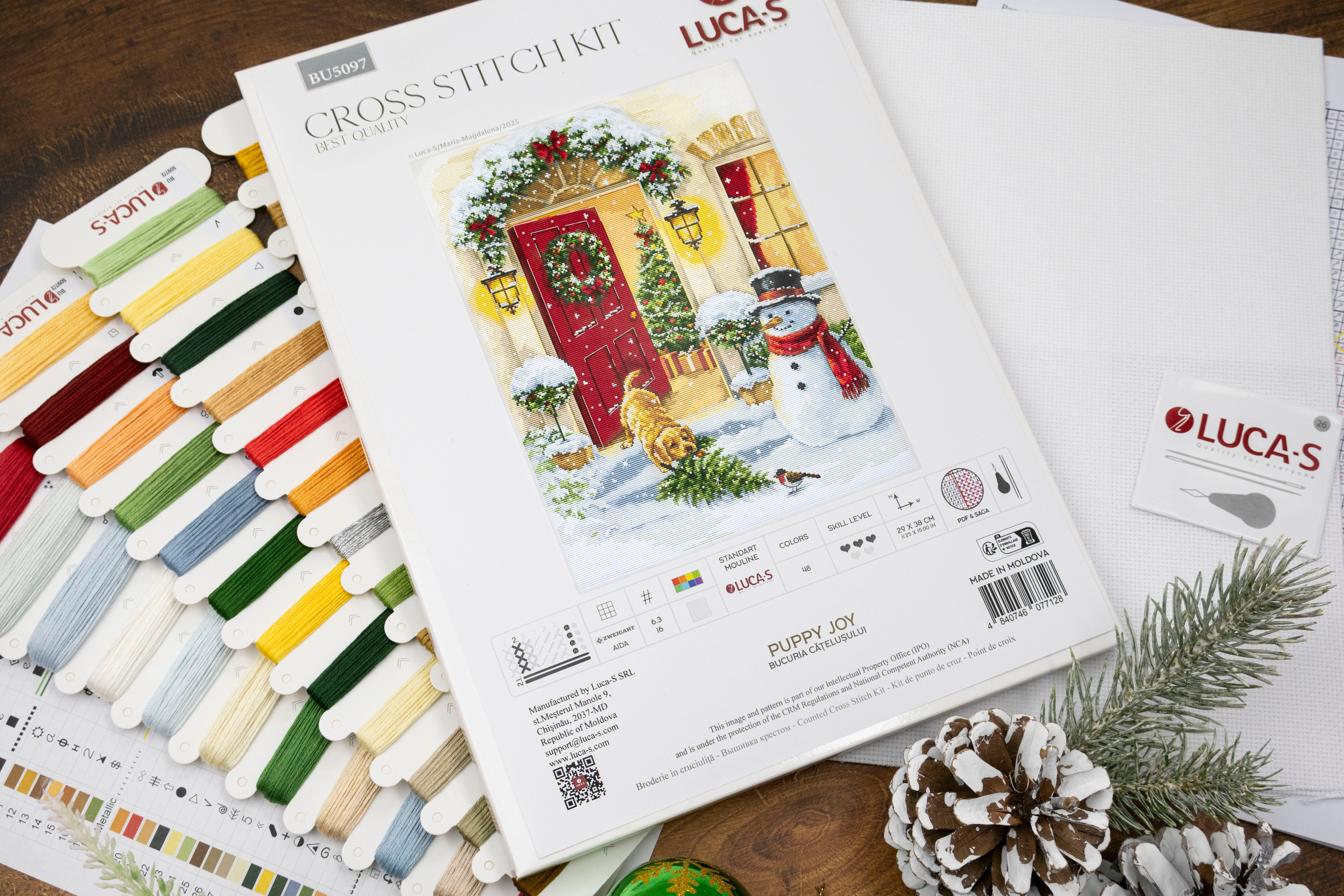 Kit Broderie Luca-S BU5097 Bucuria Cățelușului Punct Andrucu, Material Zweigart Aida 16 ct, Dimensiune Finală 29 x 38 cm, 48 Culori, Ață 100% Bumbac