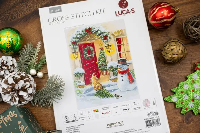 Kit Broderie Luca-S BU5097 Bucuria Cățelușului Punct Andrucu, Material Zweigart Aida 16 ct, Dimensiune Finală 29 x 38 cm, 48 Culori, Ață 100% Bumbac