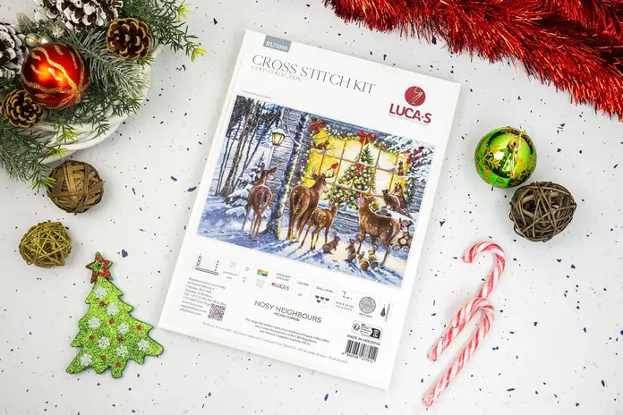 Luca-S BU5086 Nosy Neighbours Cross Stitch Kit, GOLD Collection, 44.5 x 32 cm, Zweigart Aida 16 ct Fabric, 65 Colors, 100% Cotton Thread