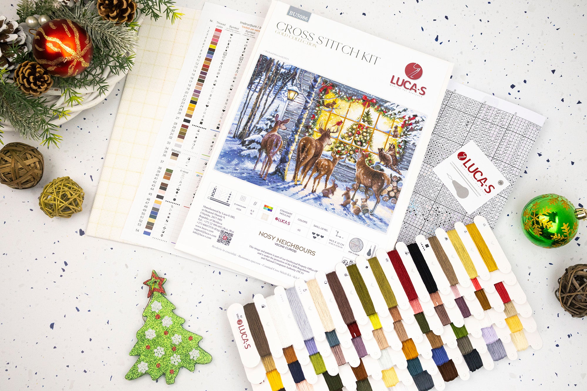 Luca-S BU5086 Nosy Neighbours Cross Stitch Kit, GOLD Collection, 44.5 x 32 cm, Zweigart Aida 16 ct Fabric, 65 Colors, 100% Cotton Thread