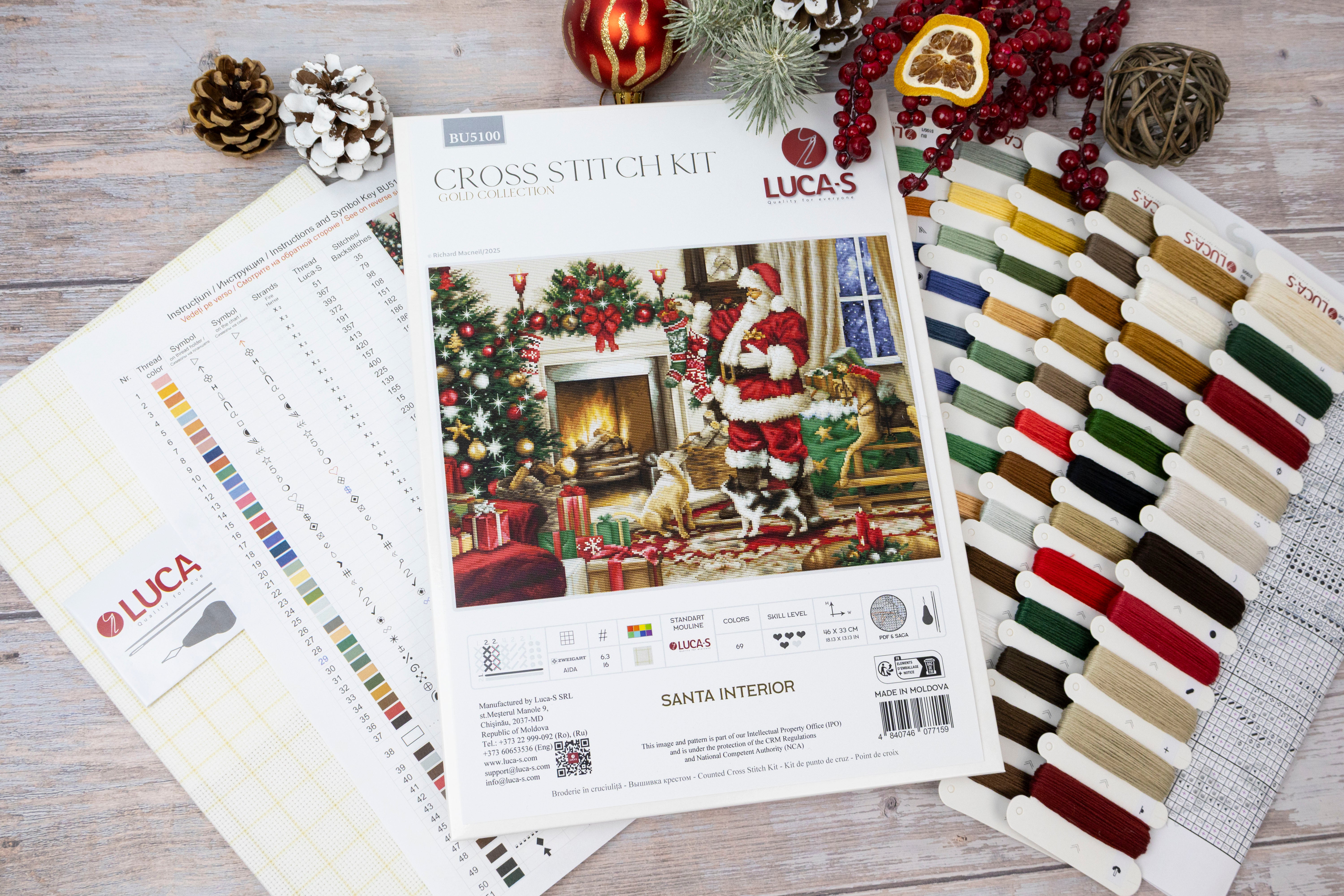 Kit Broderie Luca-S BU5100 Santa Interior, Colecția GOLD, Material Zweigart Aida 16 ct, 46 x 33 cm, 69 Culori, Arite Pre-sortate
