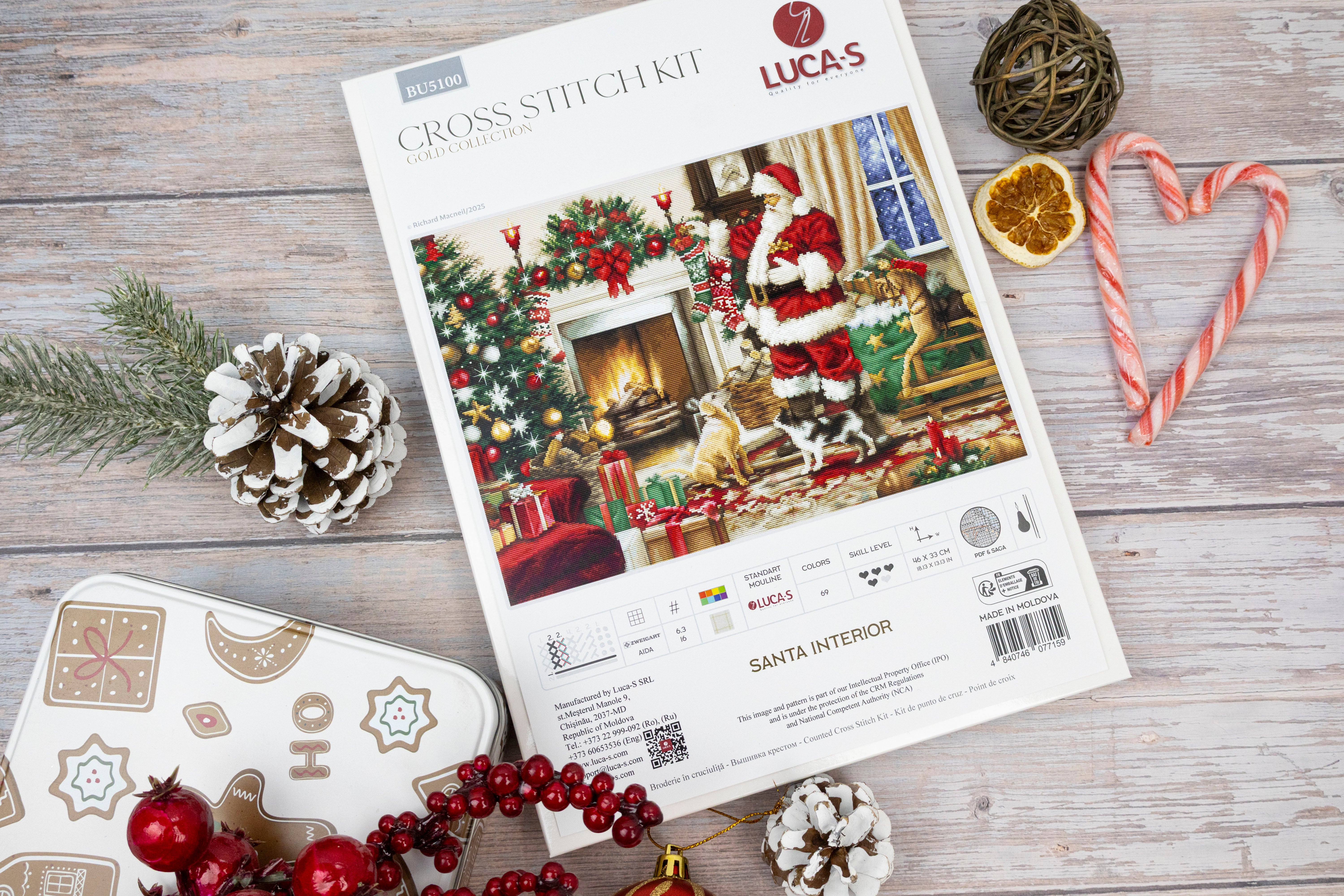 Kit Broderie Luca-S BU5100 Santa Interior, Colecția GOLD, Material Zweigart Aida 16 ct, 46 x 33 cm, 69 Culori, Arite Pre-sortate