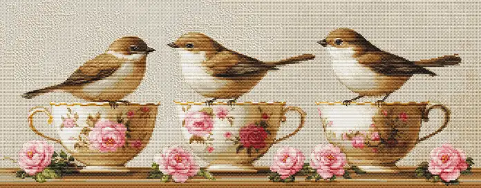Kit Broderie Luca-S BU5092 Three Dainty Birds, Material Zweigart Aida 16 ct, Dimensiune Finală 52 x 21 cm, 48 Culori, Include Ace și Caiet