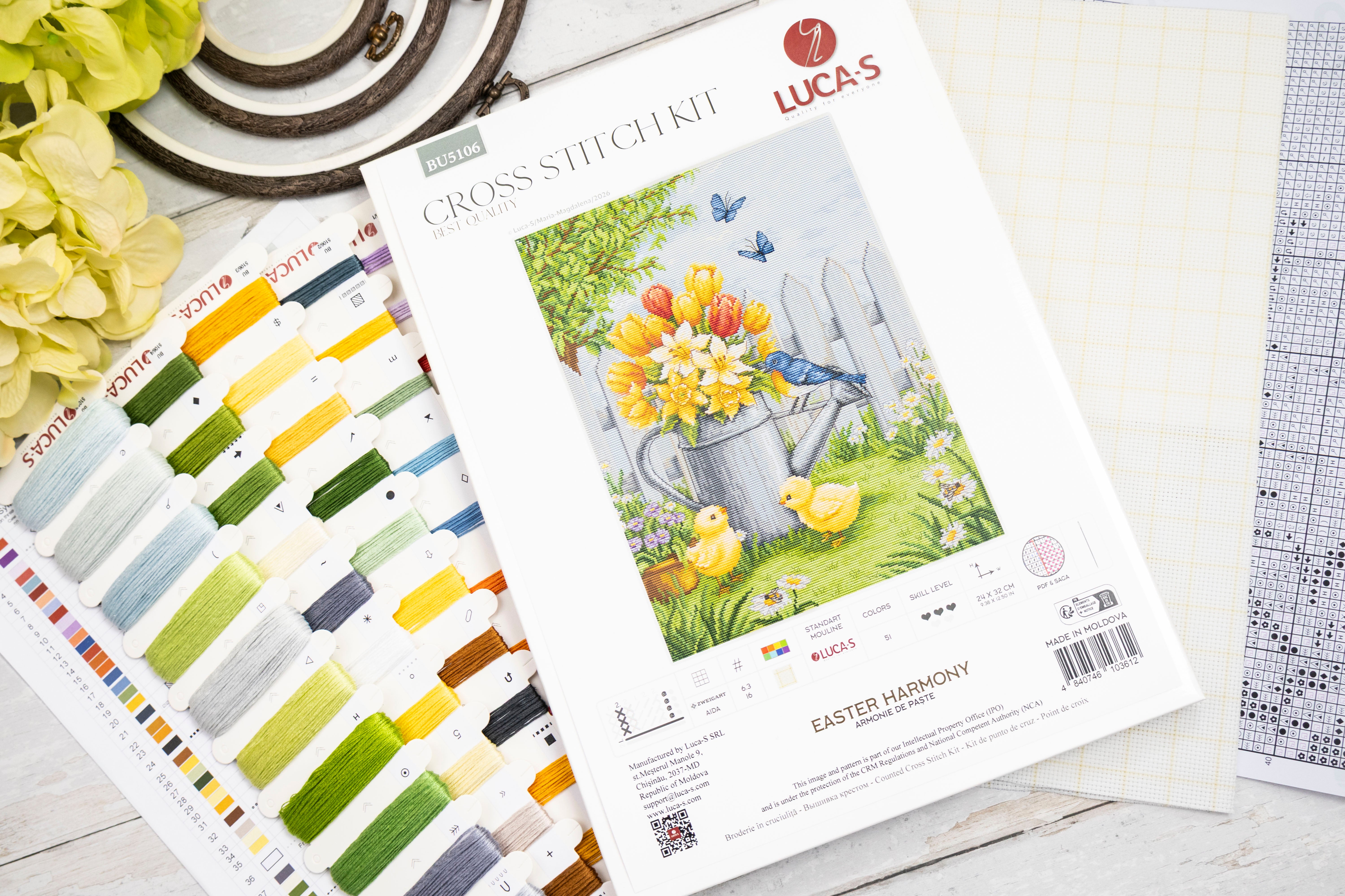 Luca-S BU5106 Easter Harmony Cross Stitch Kit, 24 x 32 cm, Zweigart Aida 16ct Fabric, 51 Colors, 100% Cotton Threads