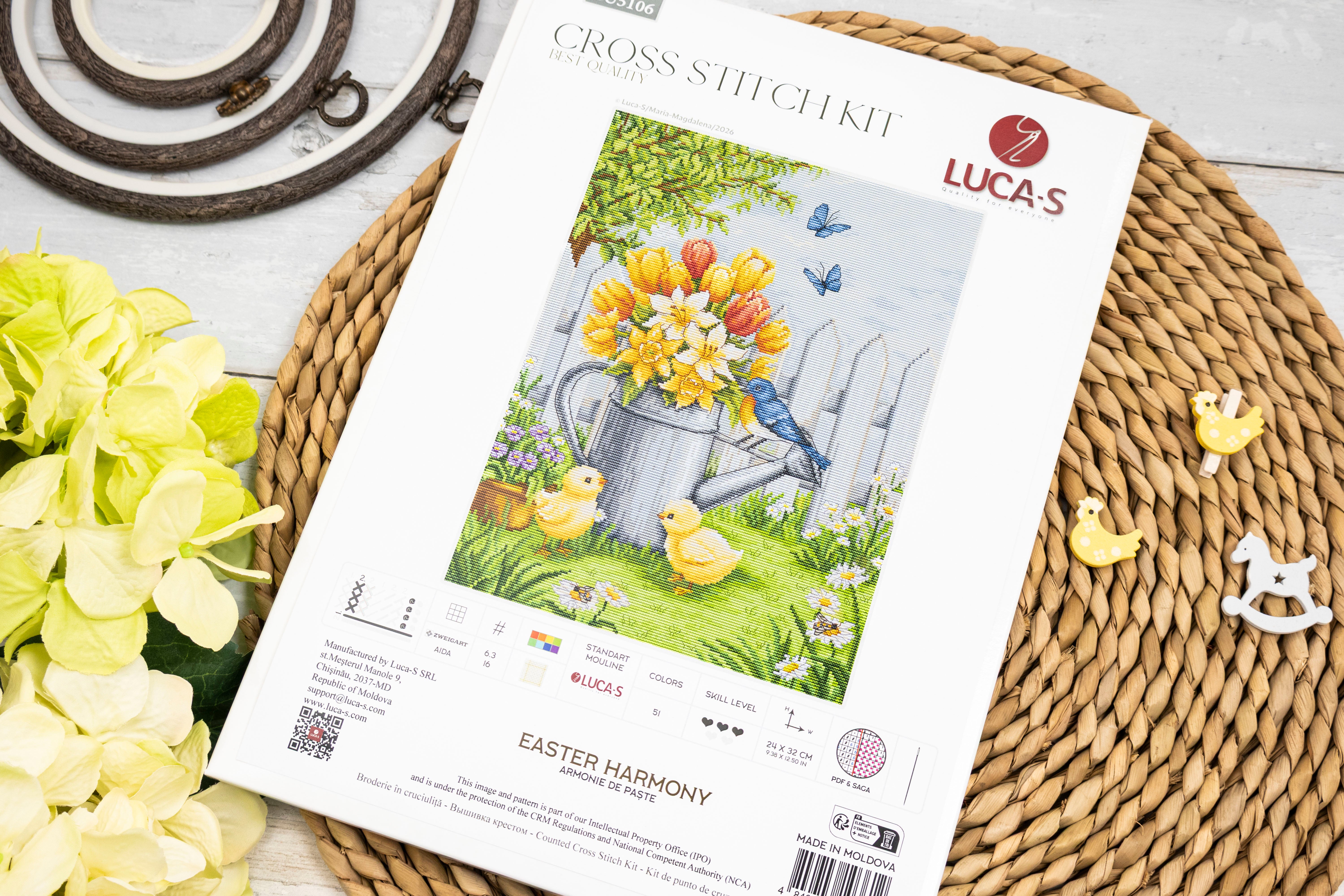 Luca-S BU5106 Easter Harmony Cross Stitch Kit, 24 x 32 cm, Zweigart Aida 16ct Fabric, 51 Colors, 100% Cotton Threads