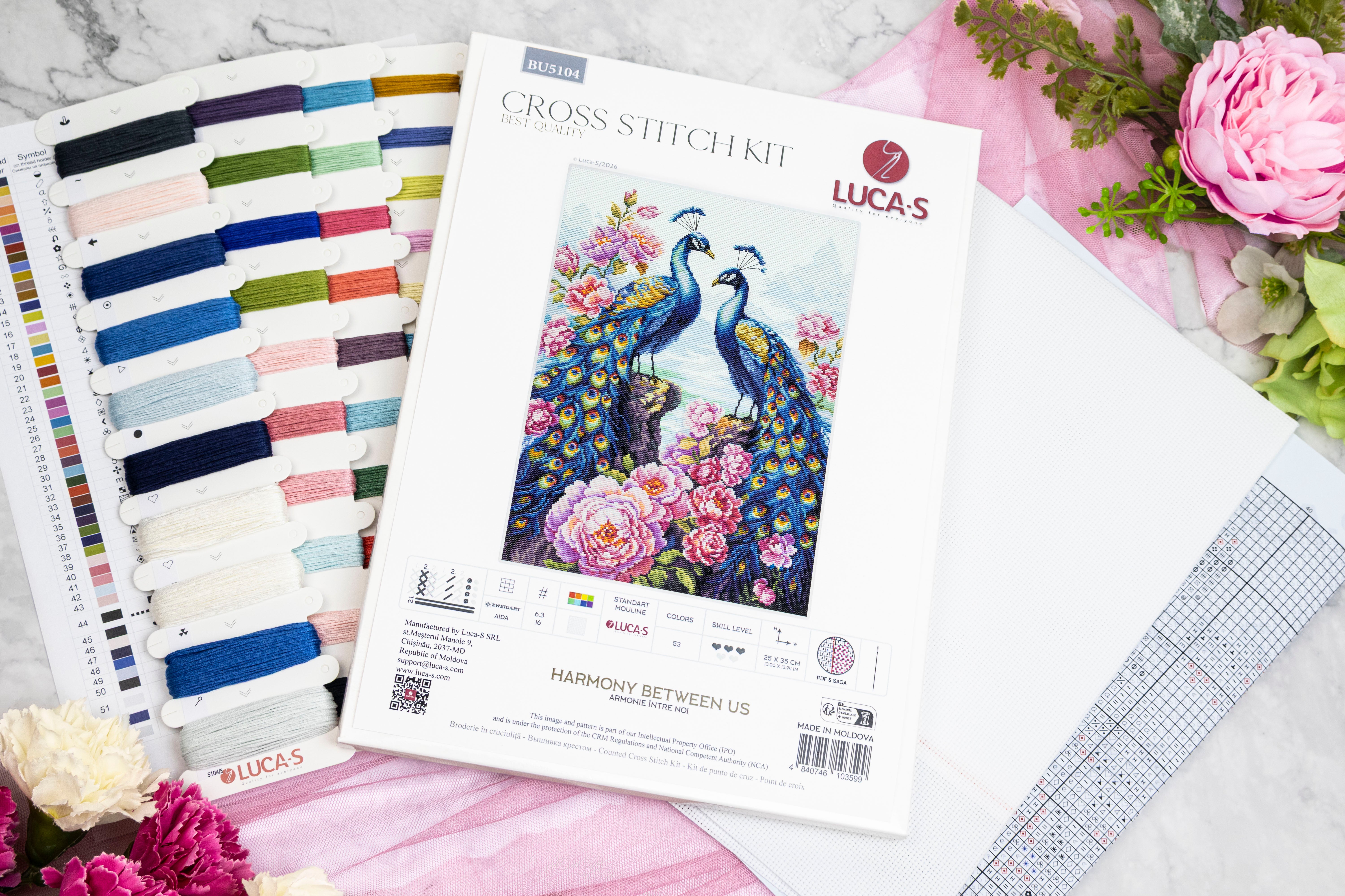 Luca-S BU5104 Harmony Between Us Cross Stitch Kit, Zweigart Aida 16 ct Canvas, 25 x 35 cm, 53 Colors, Includes 2 Needles