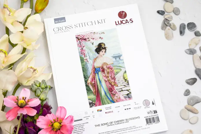 Kit Broderie Luca-S BU5105 Cântecul Florilor de Cireș, Pânză Zweigart Aida 16ct, Dimensiune Finală 25.5 x 46 cm, Ață de Bumbac 62 Culori