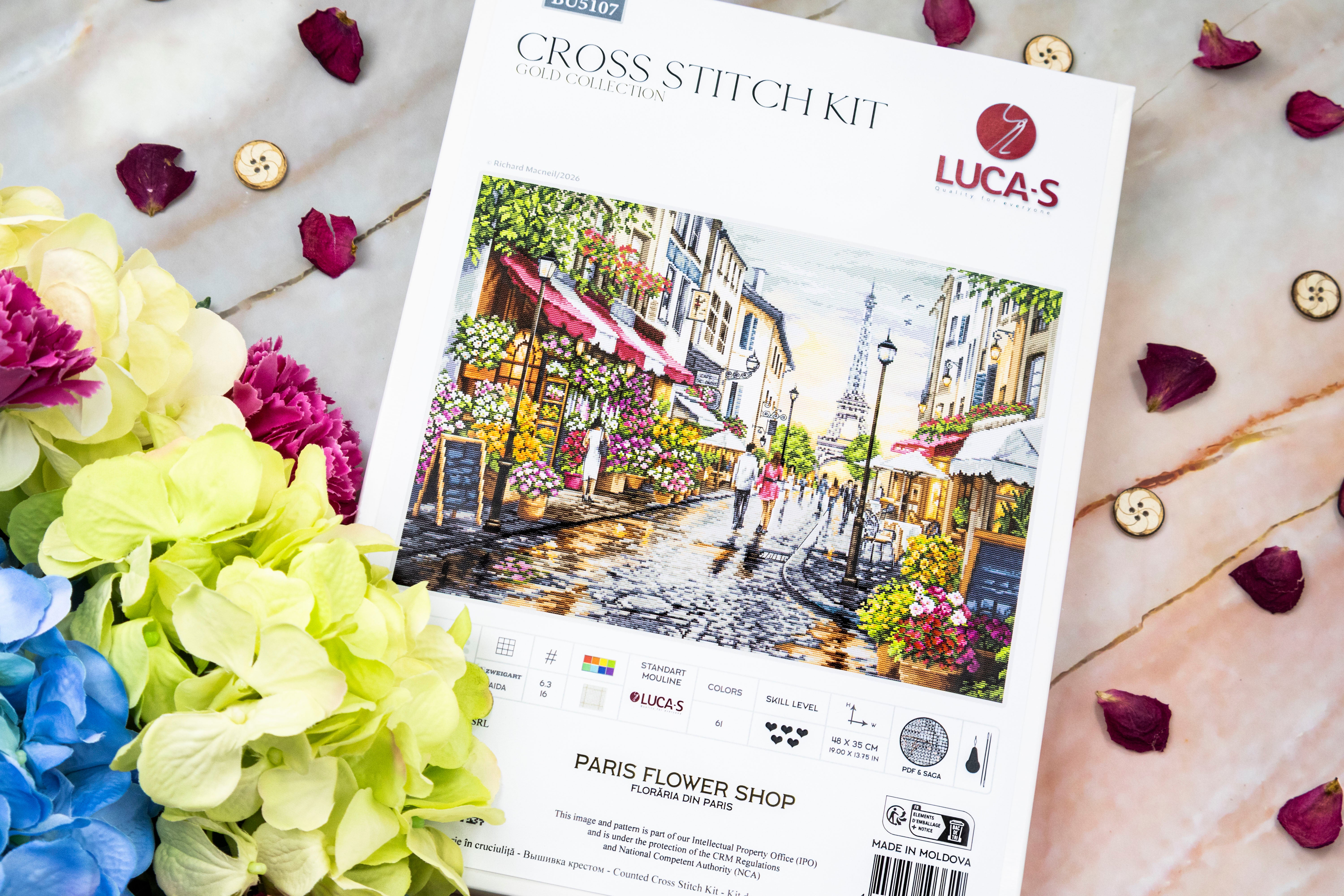 Kit de cusut Luca-S BU5107 Paris Flower Shop, Colecția GOLD, Material Zweigart Aida 16 ct, 48 x 35 cm, 61 Culori, Ață de bumbac