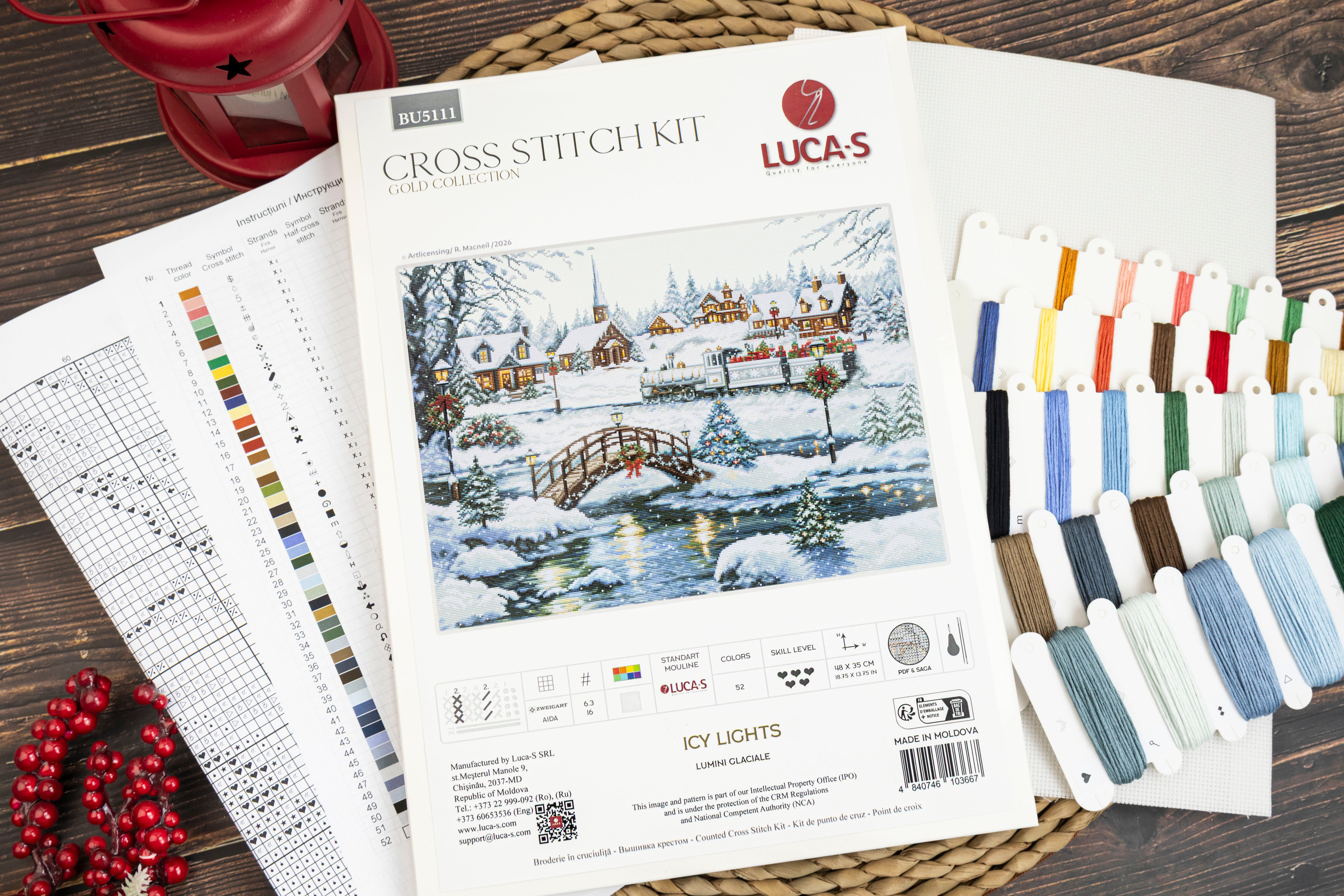 Kit Broderie Luca-S BU5111 Lumini Glaciale, Colecția GOLD, 48 x 35 cm, Material Zweigart Aida 16 ct, 52 Culori, Design Sat de Iarnă