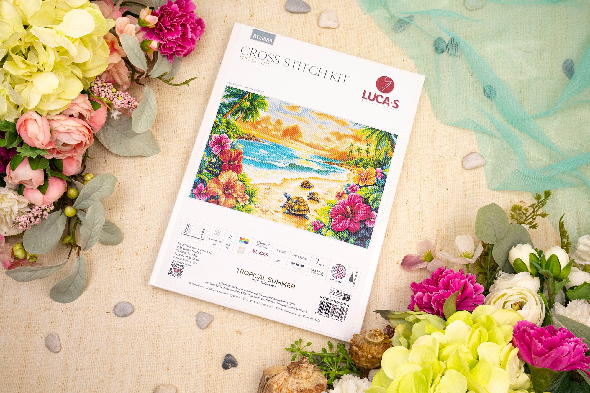 Kit Broderie Luca-S BU5089 Vară Tropicală, Material Aida 16ct, 43 x 29 cm, 55 Culori, Ață de Bumbac, Design Richard Macneil
