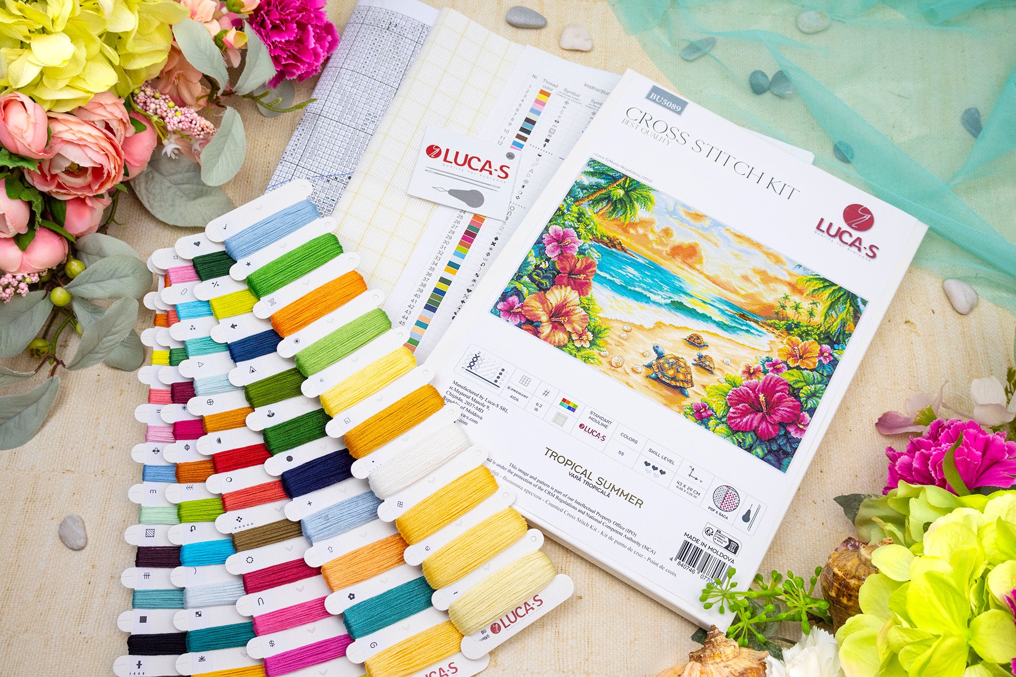 Kit Broderie Luca-S BU5089 Vară Tropicală, Material Aida 16ct, 43 x 29 cm, 55 Culori, Ață de Bumbac, Design Richard Macneil