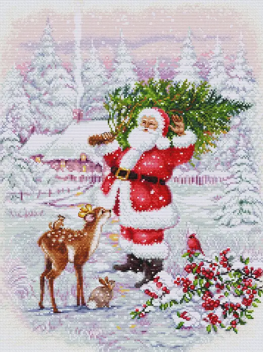 Kit Broderie Luca-S BU5098 Moș Crăciun cu Bradul, Material Zweigart Aida 16 ct, 56 Culori, Dimensiune Finalizată 29 x 38 cm