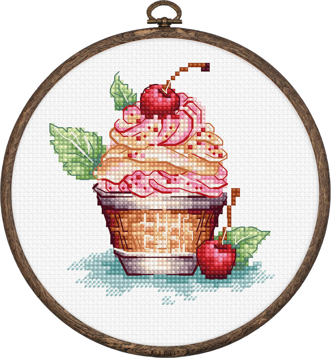 Luca-S BC104 Cherry Ice Cream Cross Stitch Embroidery Kit, Zweigart Aida 16 Fabric, 8x9 cm Finished Size, 21 Colors, Includes Hoop and Needle