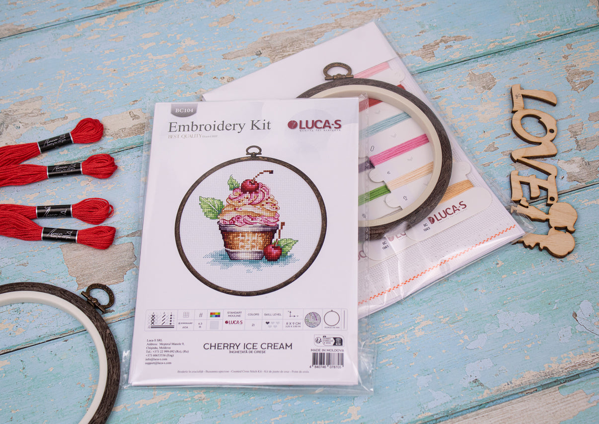 Luca-S BC104 Cherry Ice Cream Cross Stitch Embroidery Kit, Zweigart Aida 16 Fabric, 8x9 cm Finished Size, 21 Colors, Includes Hoop and Needle