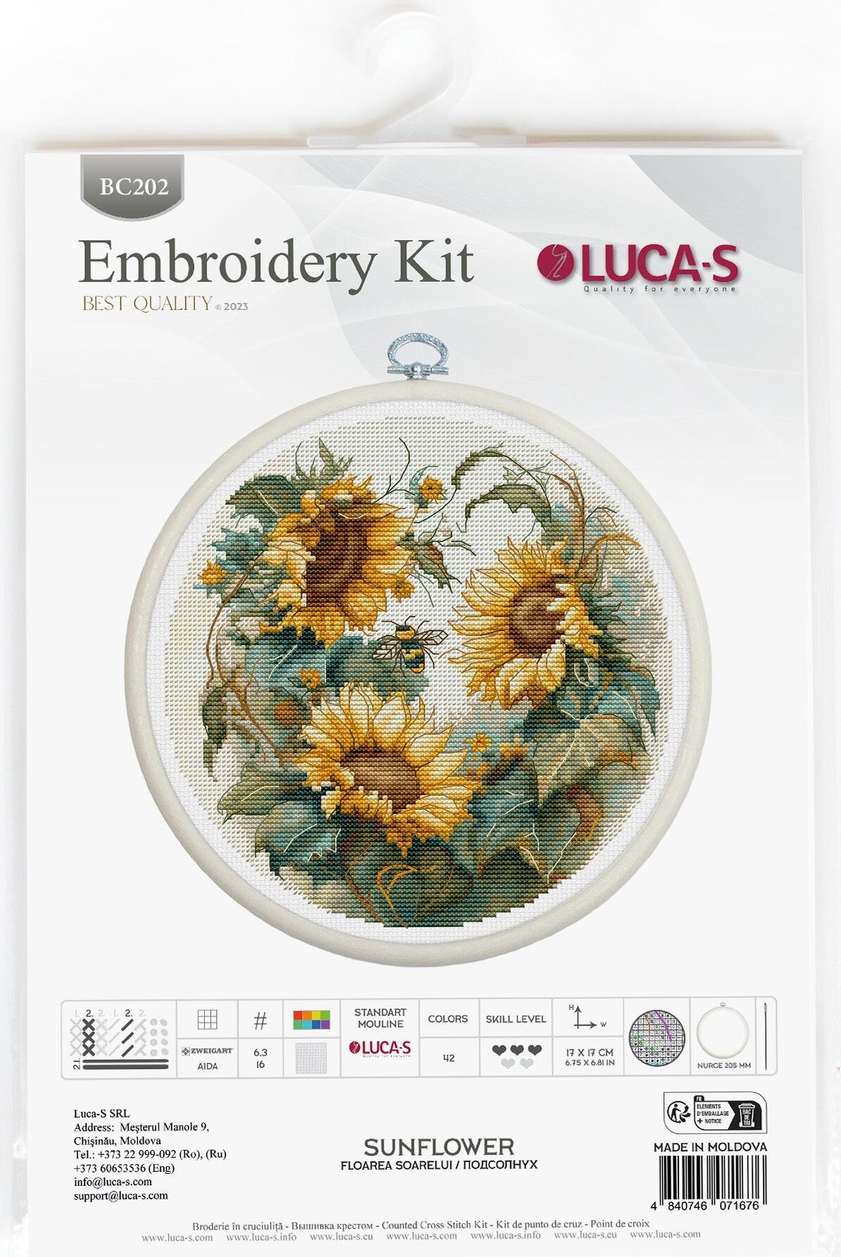 Luca-S BC202 Sunflower Counted Cross Stitch Kit, Zweigart Aida 16 Fabric, 17x17 cm, 42 Colors, 100% Cotton Thread