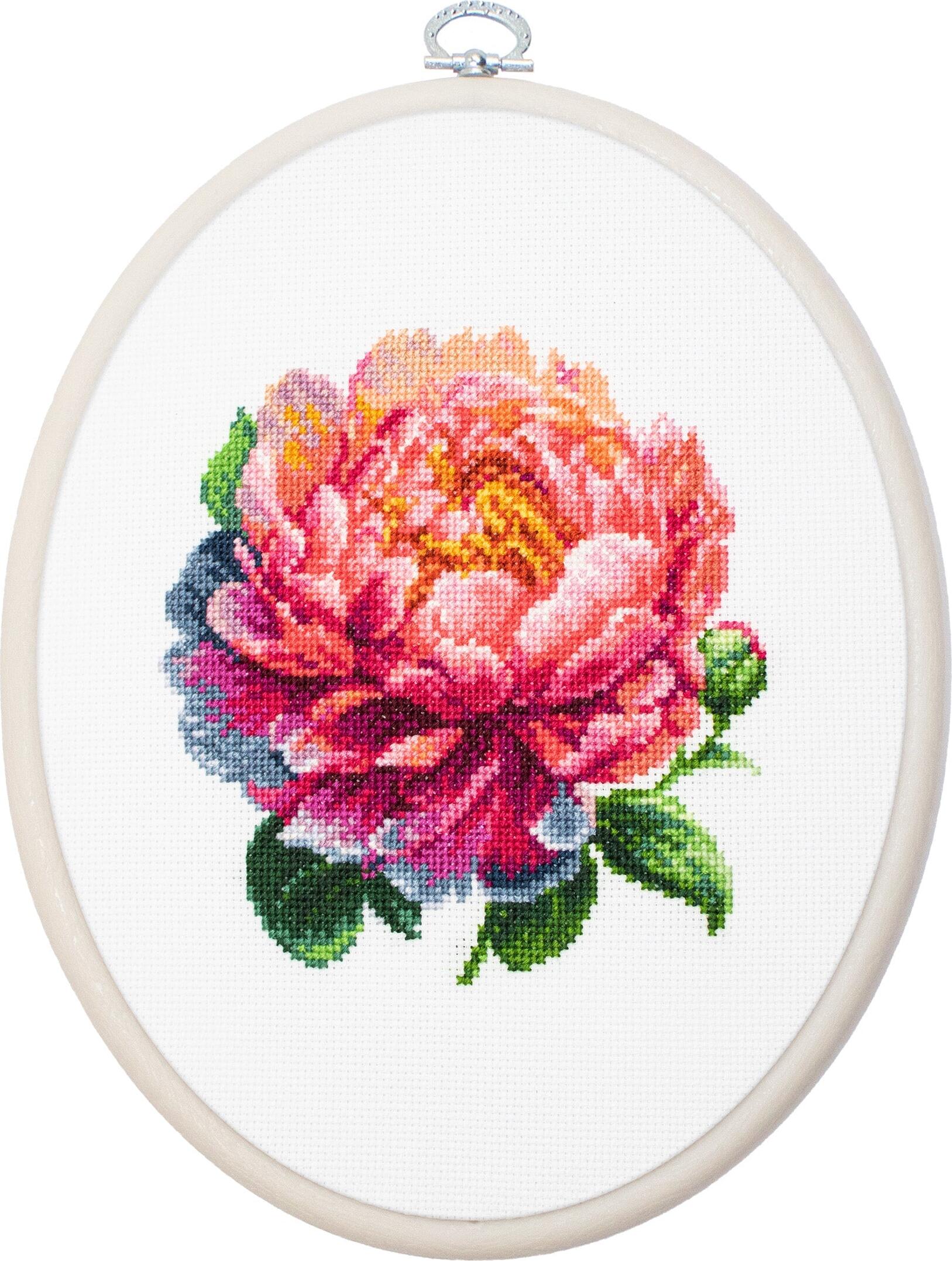Kit Broderie Luca-S BC205 Peony Coral Charm, 12x12 cm, Material Zweigart Aida 18, 34 Culori, Include Cerc și Ac