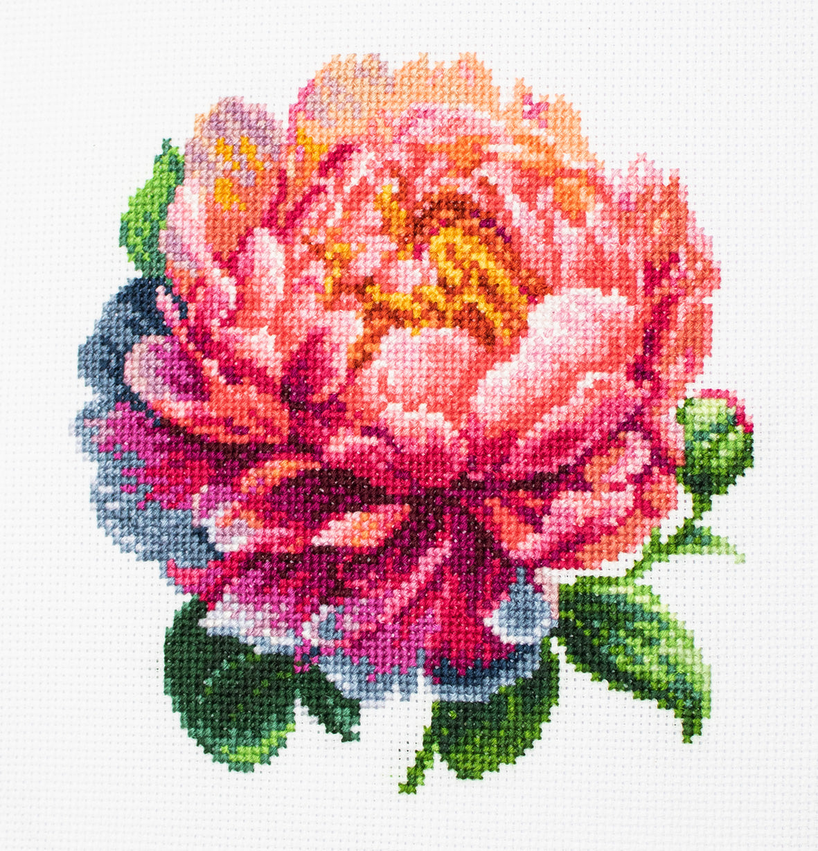 Kit Broderie Luca-S BC205 Peony Coral Charm, 12x12 cm, Material Zweigart Aida 18, 34 Culori, Include Cerc și Ac