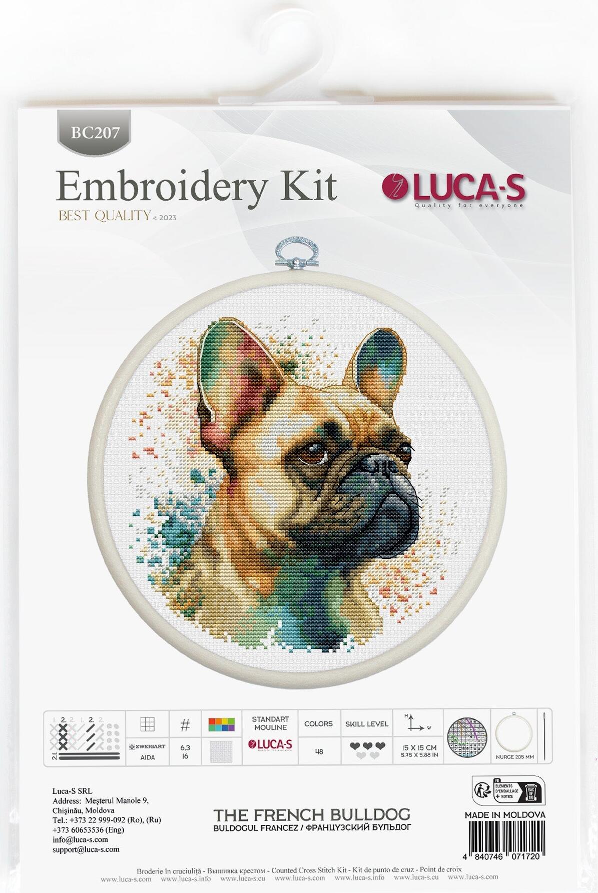 Kit Broderie Luca-S BC207 Buldogul Francez, Material Zweigart Aida 16, Dimensiune Broderie 15x15 cm, 48 Culori, Include Cerc Nurge