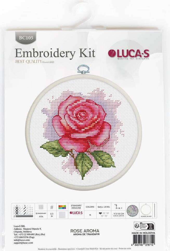 Набор для вышивания Luca-S BC105 Rose Aroma, 16 цветов, ткань Zweigart Aida 16 20x20 см, включает пяльцы Nurge и иглу