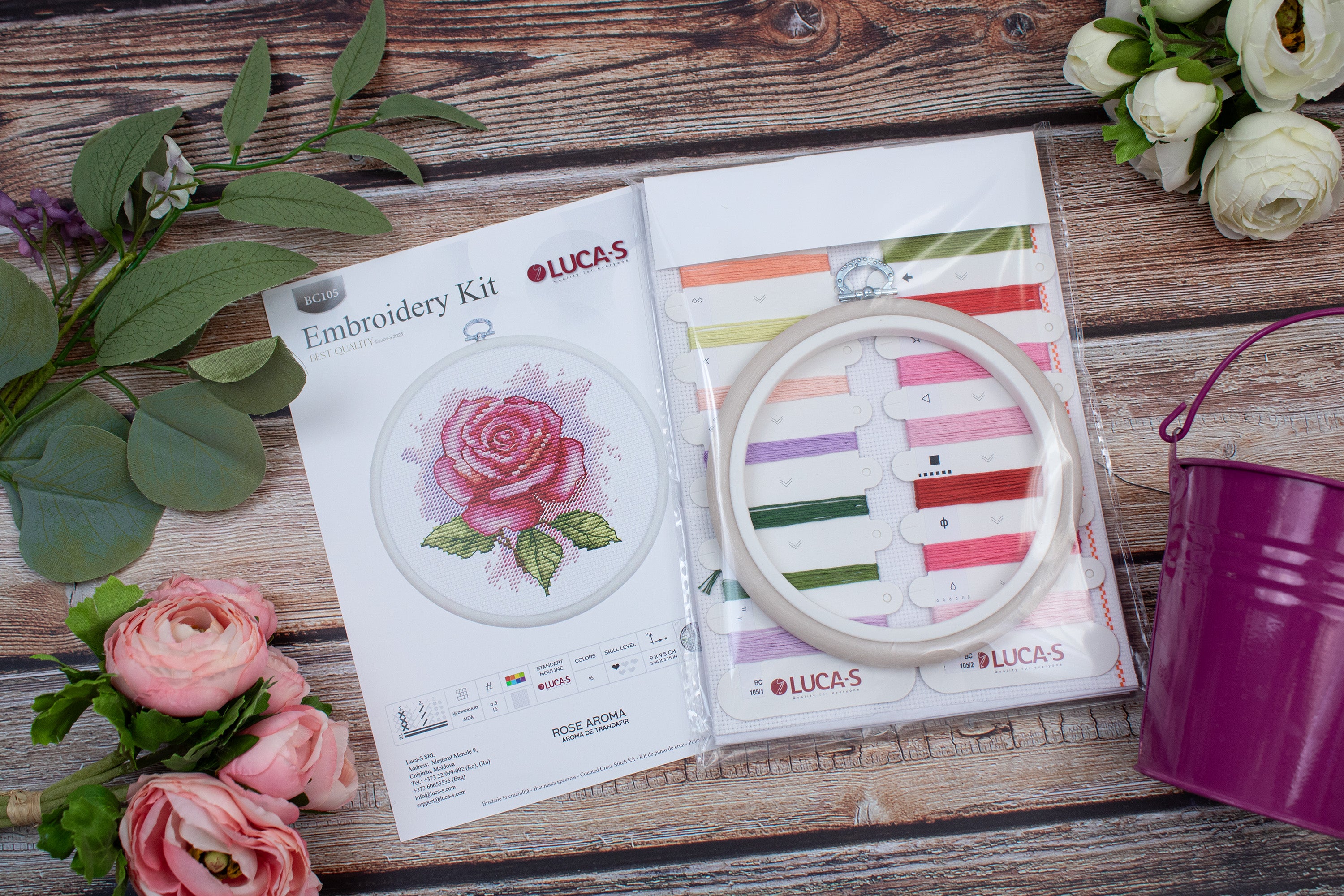 Набор для вышивания Luca-S BC105 Rose Aroma, 16 цветов, ткань Zweigart Aida 16 20x20 см, включает пяльцы Nurge и иглу