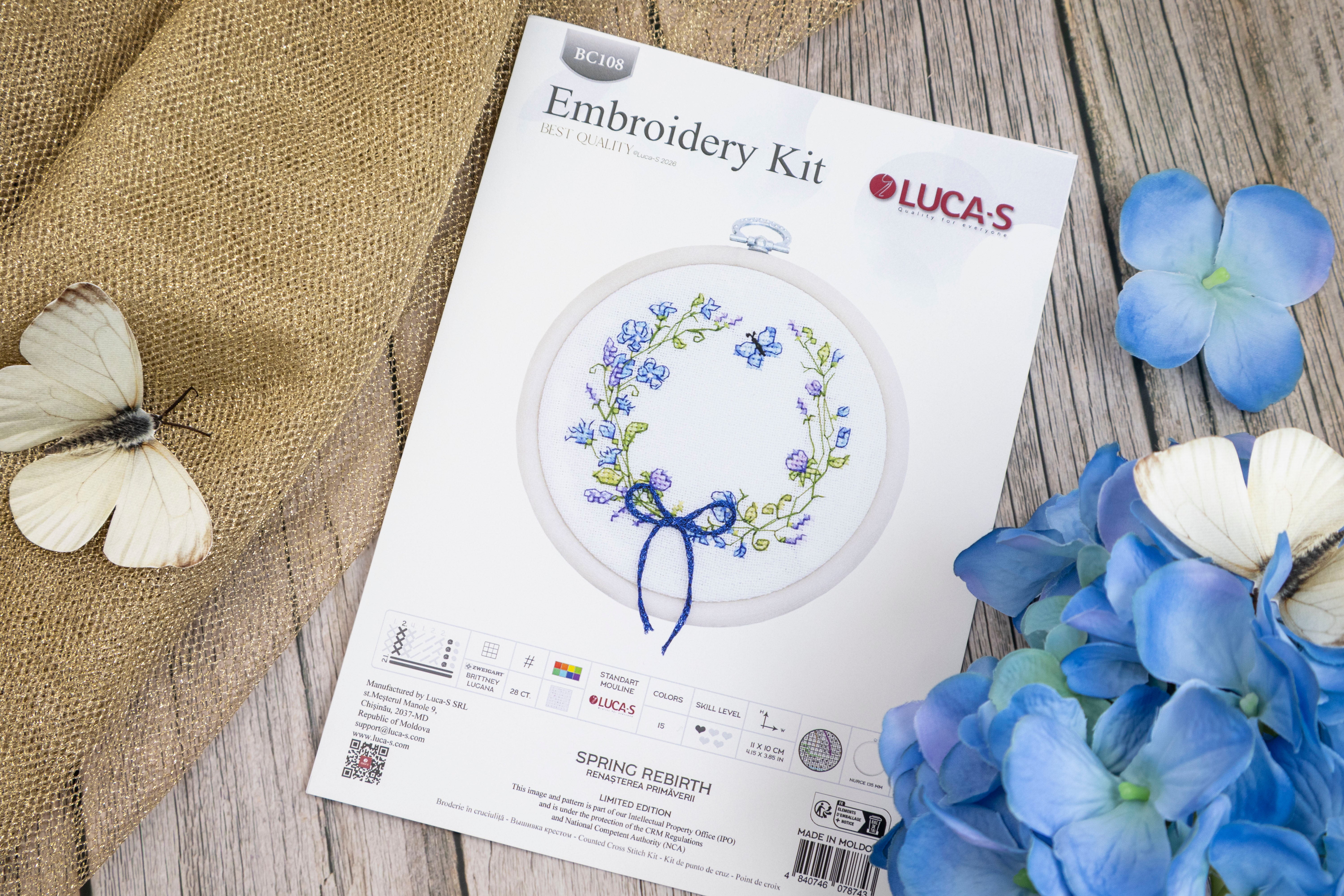 Luca-S BC108 Spring Rebirth Cross Stitch Embroidery Kit, Limited Edition, Zweigart Aida 16 Fabric, 11 x 10 cm, 15 Colors, 100% Cotton Thread