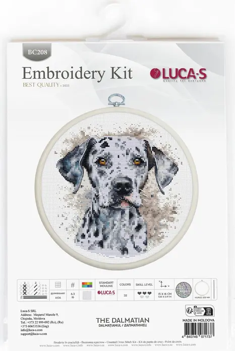 Kit de broderie în cruce Luca-S BC208 Dalmațianul, 15x16 cm, Material Zweigart Aida 16, 32 Culori, Fir 100% Bumbac, include Cercul Nurge