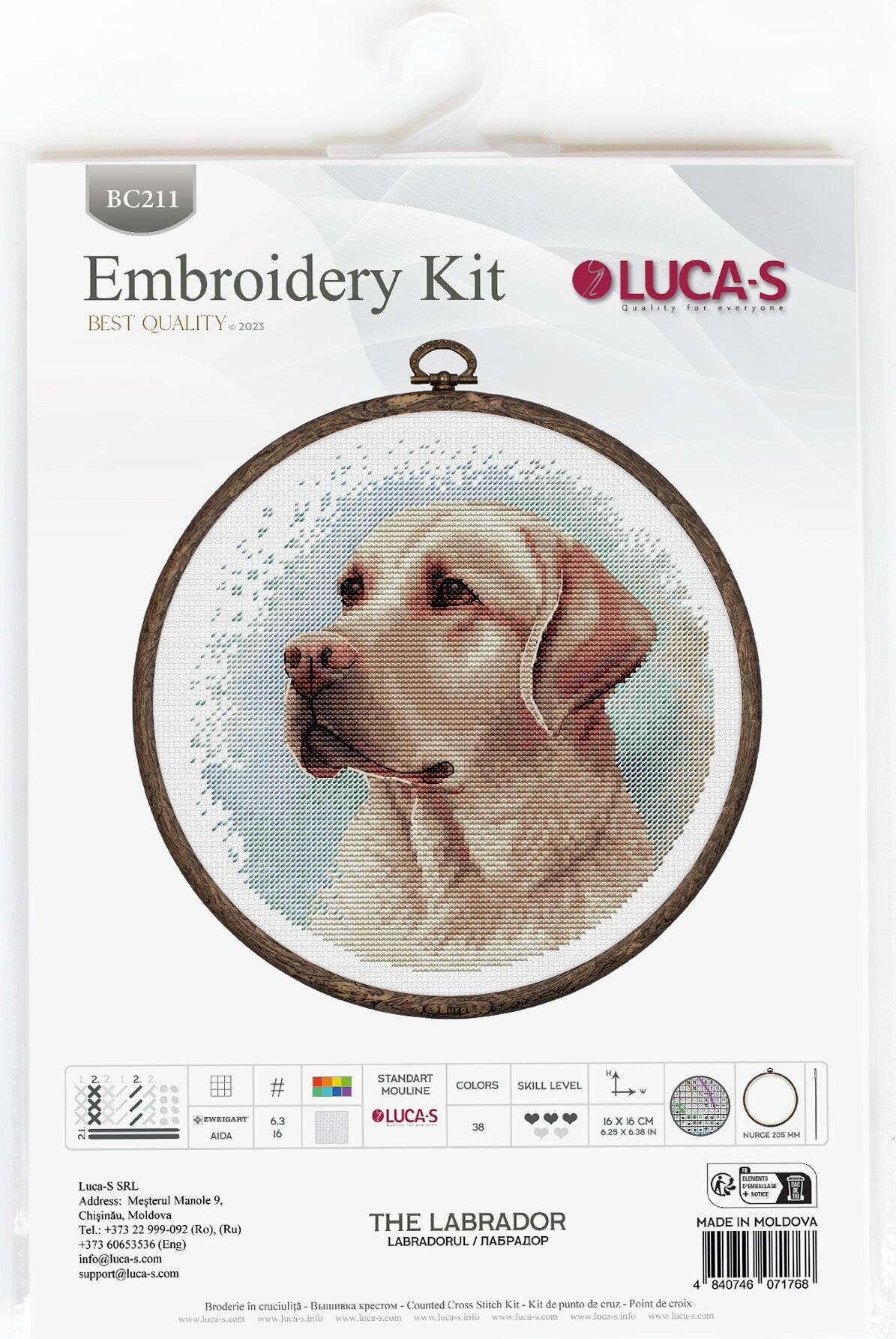 Kit Broderie în Cruce Luca-S BC211 The Labrador, 16x16 cm, Material Zweigart Aida 16ct, 38 Culori, Include Cerc de Broderie Nurge