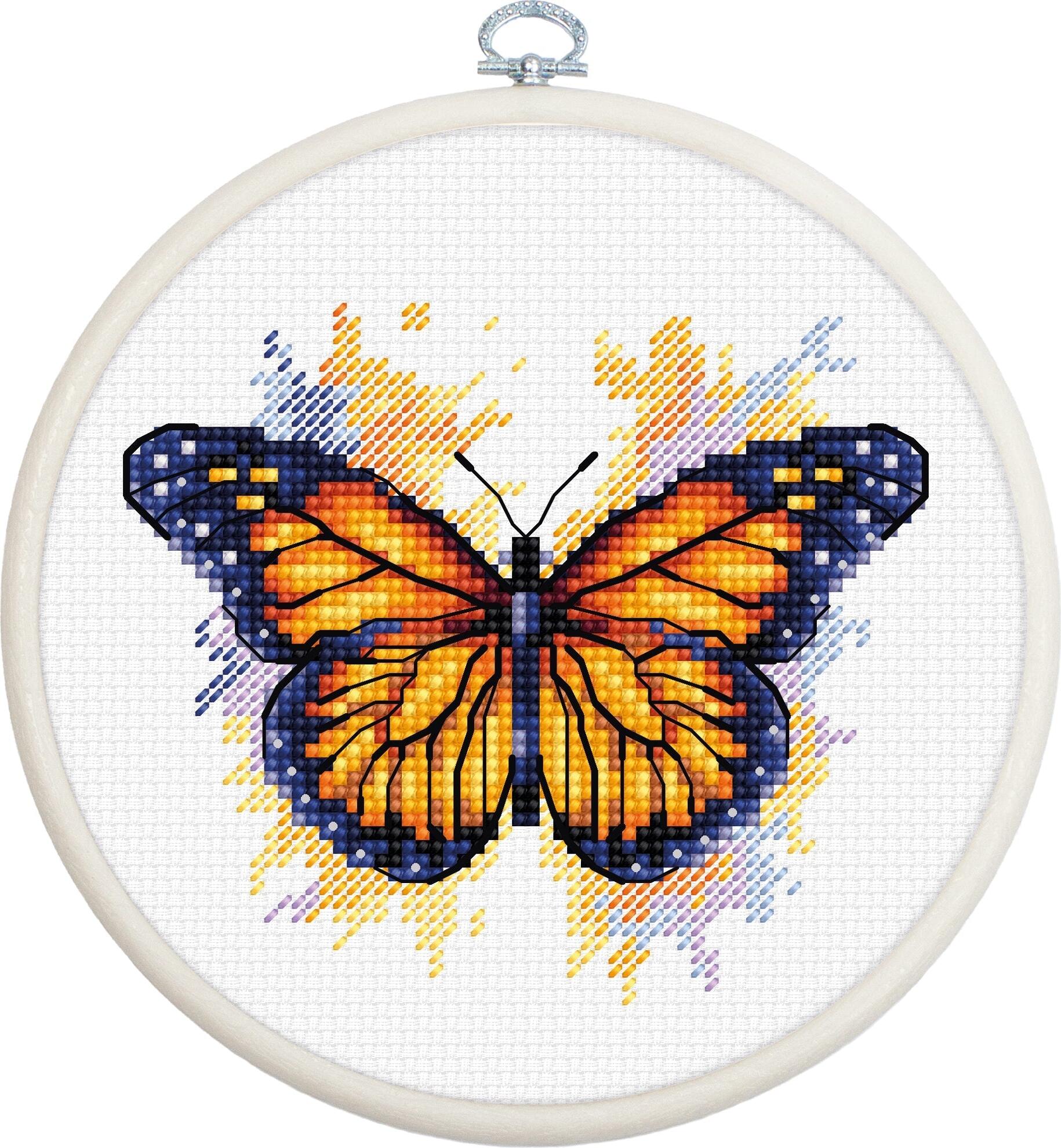 Luca-S BC102 Monarch Butterfly Cross Stitch Kit, Zweigart Aida 16 Fabric, 9 x 8 cm Finished Size, 14 Colors, Includes Hoop and Needle