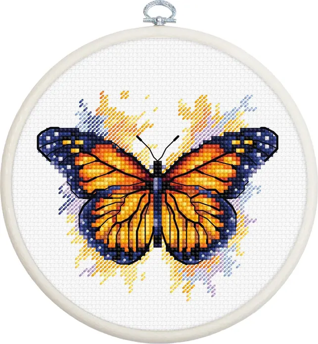 Luca-S BC102 Monarch Butterfly Cross Stitch Kit, Zweigart Aida 16 Fabric, 9 x 8 cm Finished Size, 14 Colors, Includes Hoop and Needle