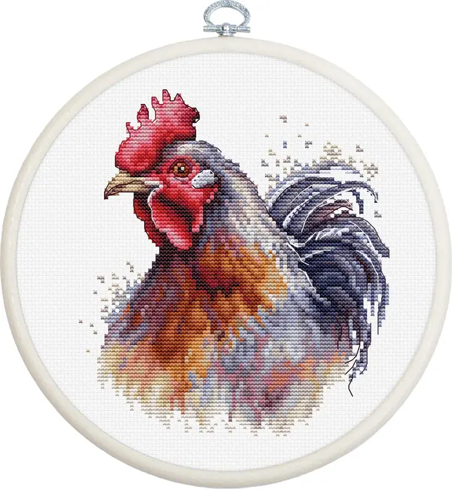 Luca-S BC217 The Cock Cross Stitch Embroidery Kit with Nurge 17cm Hoop, Aida Zweigart 16 Fabric, 13.5 x 15 cm, 41 Colors, 100% Cotton Thread
