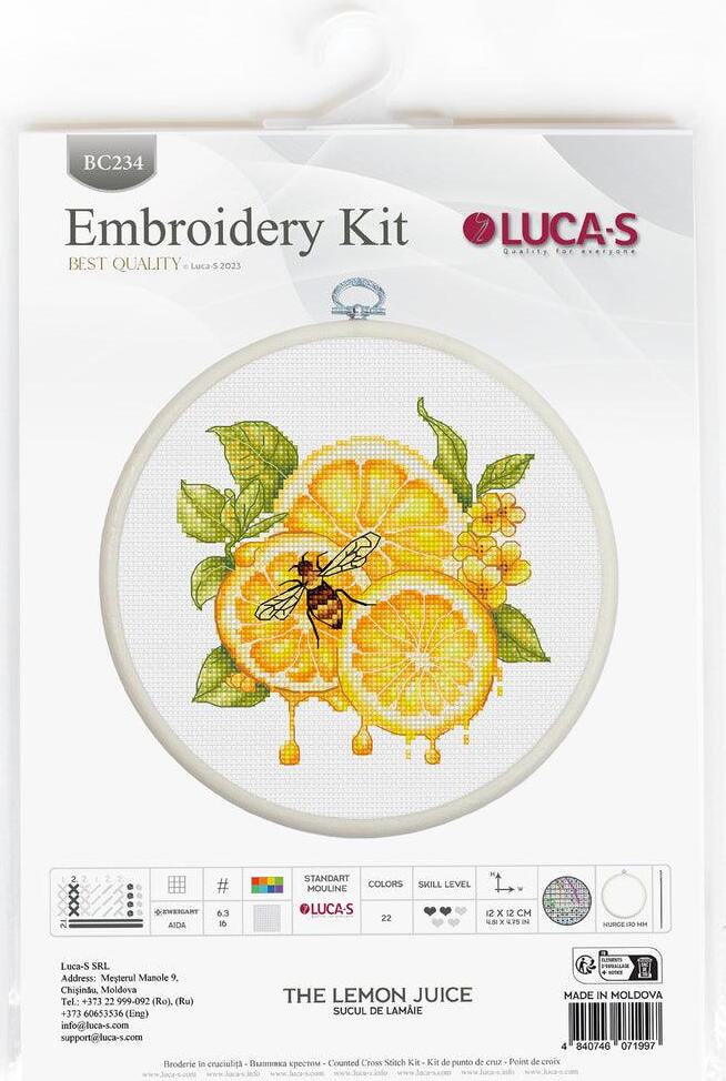 Luca-S BC234 The Lemon Juice Cross Stitch Kit, Zweigart Aida 16 Fabric, 100% Cotton Thread, 12x12 cm Finished Size, Includes Embroidery Hoop