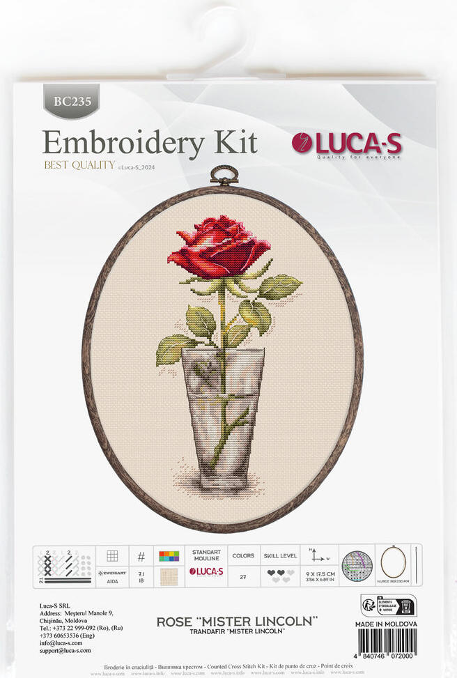 Luca-S BC235 Cross-Stitch Kit Mister Lincoln Rose, Zweigart Aida 18 Cream Fabric, 27 Colors, 9 x 17.5 cm, Includes Nurge Oval Hoop
