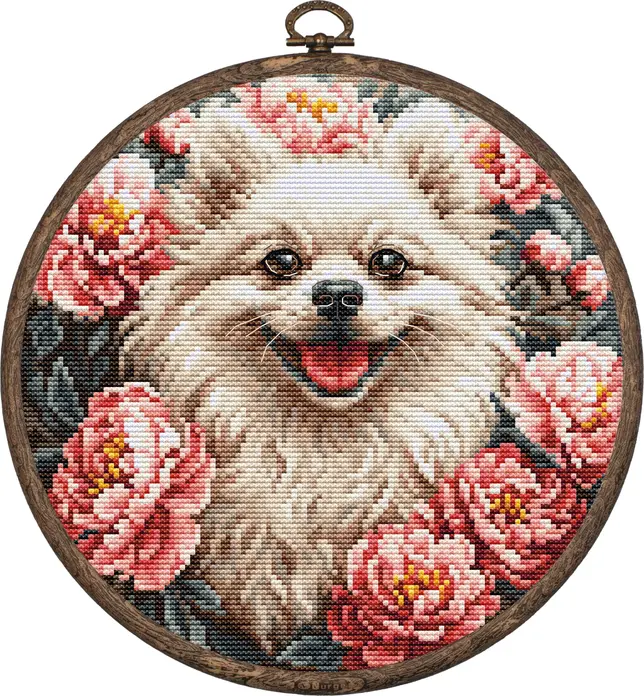 Luca-S BC237 Spitz Cross Stitch Embroidery Kit, Zweigart Aida 16 Fabric, 19 x 19 cm, 36 Colors, Includes Nurge Woodgrain Hoop