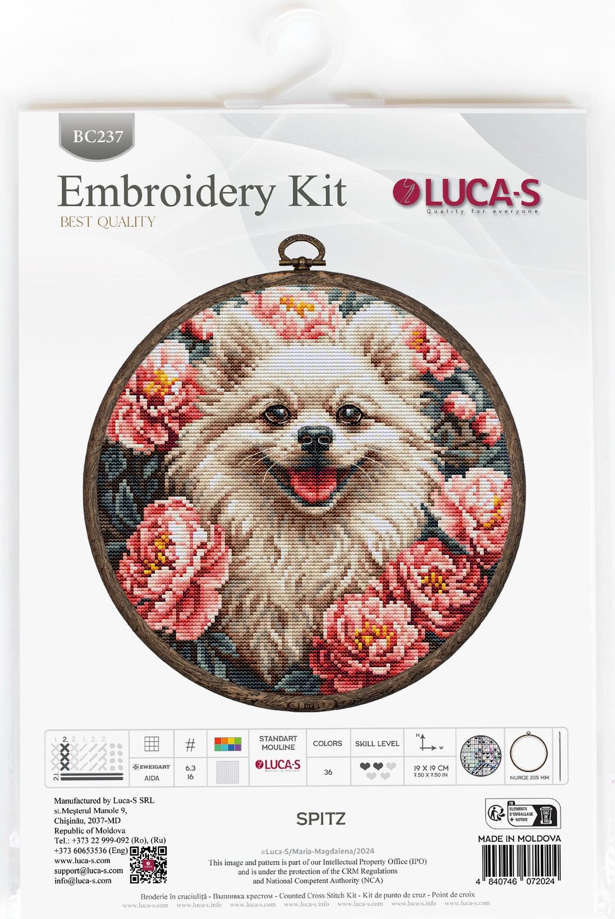 Luca-S BC237 Spitz Cross Stitch Embroidery Kit, Zweigart Aida 16 Fabric, 19 x 19 cm, 36 Colors, Includes Nurge Woodgrain Hoop