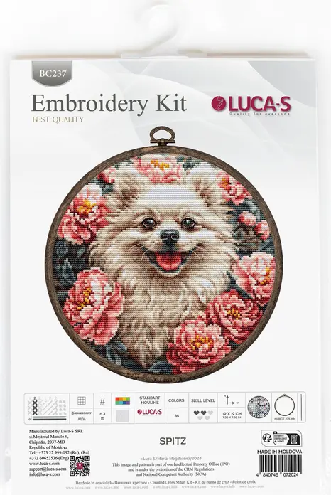 Luca-S BC237 Spitz Cross Stitch Embroidery Kit, Zweigart Aida 16 Fabric, 19 x 19 cm, 36 Colors, Includes Nurge Woodgrain Hoop