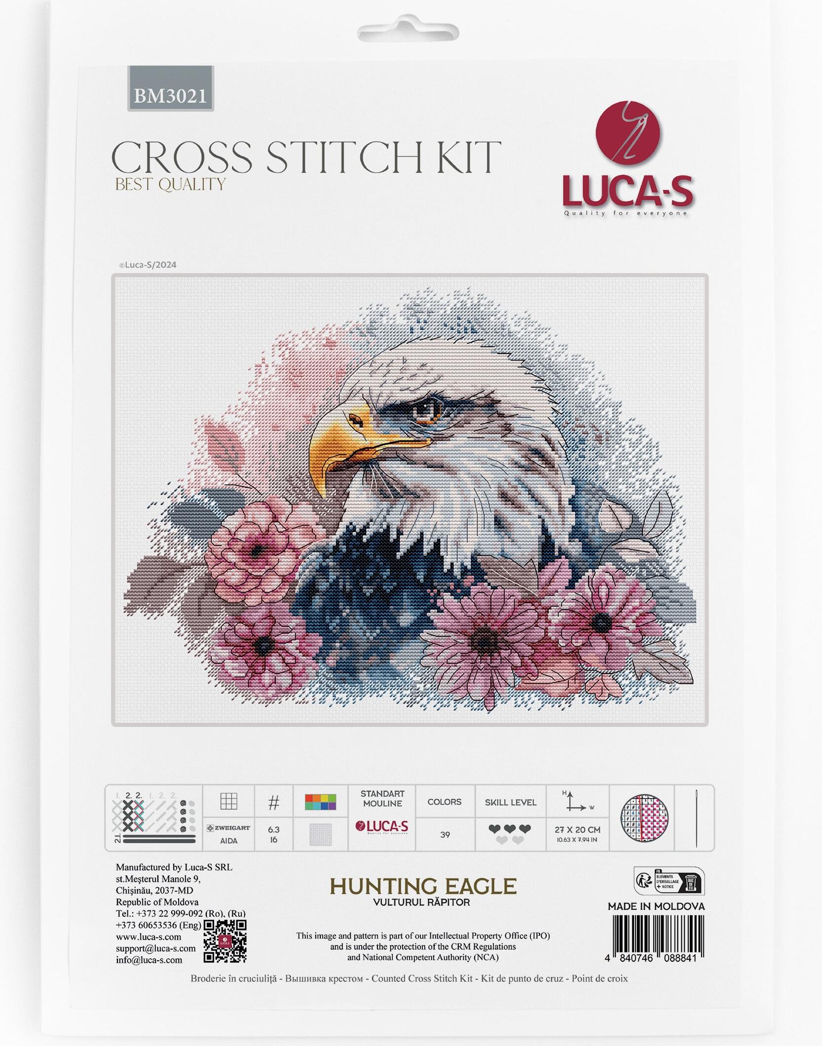 Luca-S BM3021 Hunting Eagle Cross Stitch Kit, 27 x 20 cm, 39 Colors, Zweigart Aida 16 ct Fabric, 100% Cotton Thread