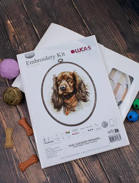 Luca-S BC223 The Cocker Spaniel Cross Stitch Embroidery Kit, Zweigart Aida 16 Fabric, 16 x 16 cm Finished Size, 34 Colors, Includes Nurge Oval Hoop