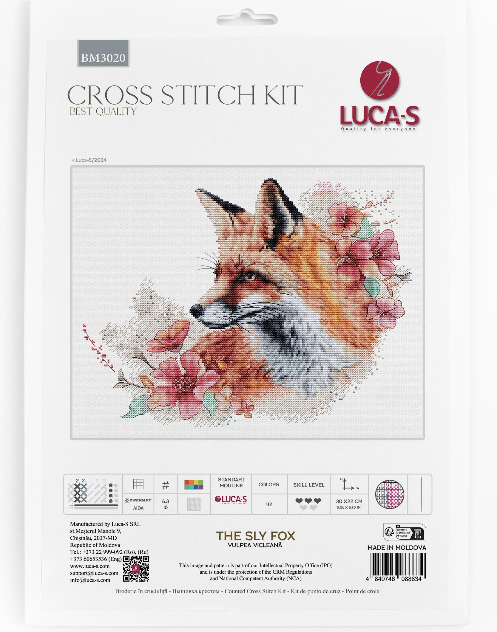 Luca-S BM3020 The Sly Fox Cross Stitch Kit, Zweigart Aida 16 ct Fabric, 100% Cotton Thread, 30 x 22 cm Finished Size, 42 Colors