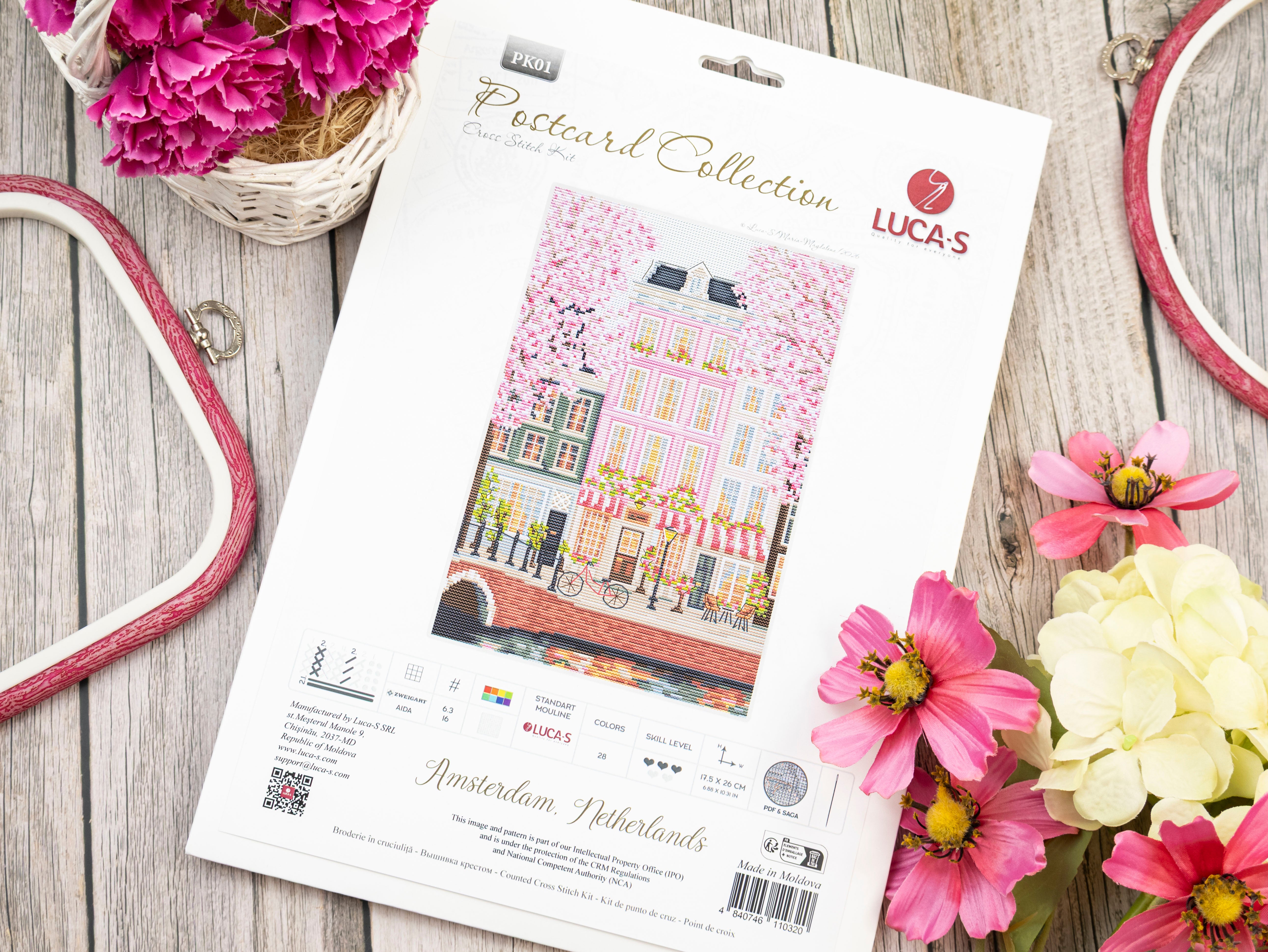 Luca-S PK01 Amsterdam Netherlands Cross Stitch Kit, Postcard Collection, 17.5 x 26 cm, Zweigart Aida 16 Fabric, 28 Colors, 100% Cotton Thread
