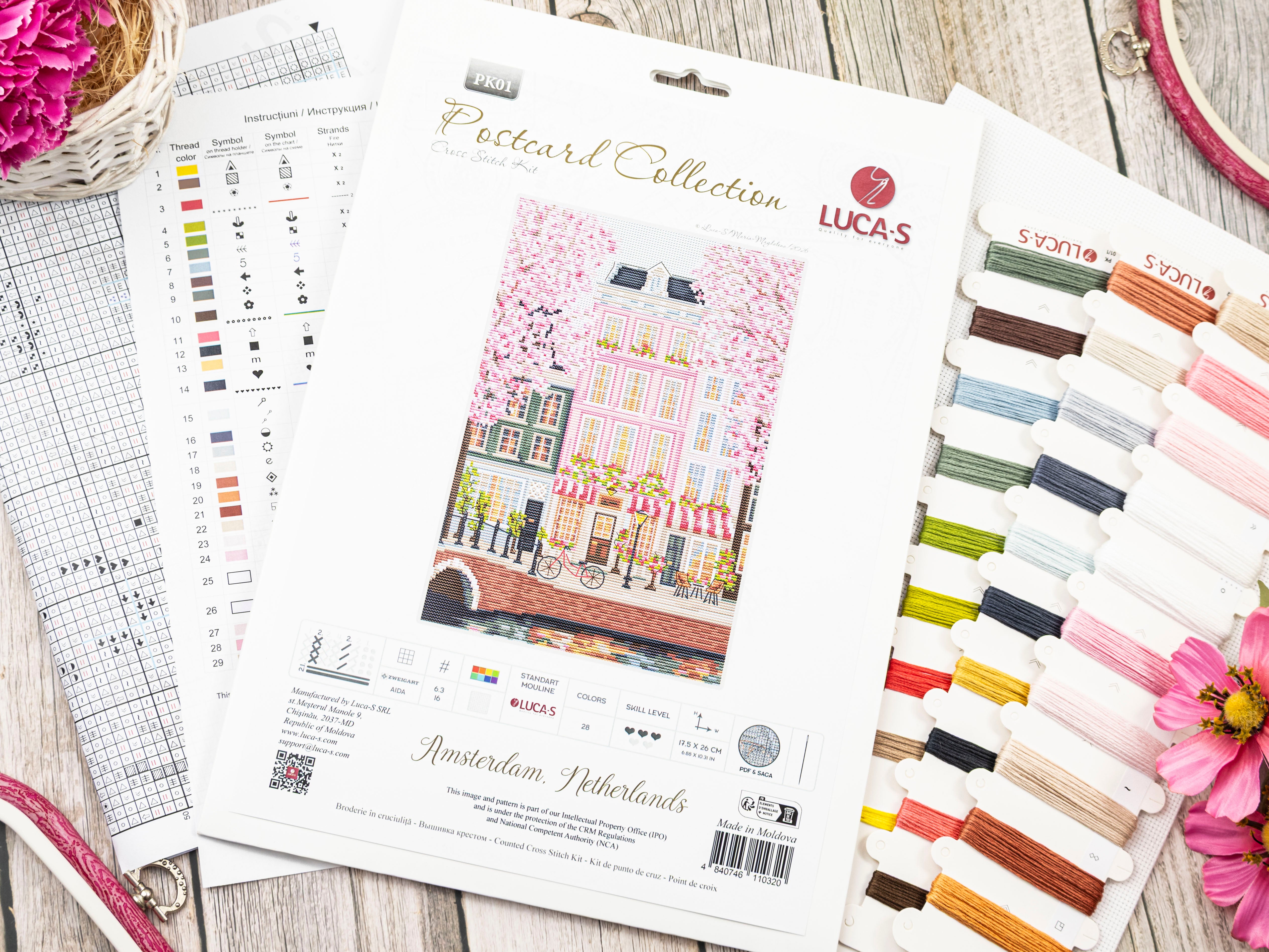 Luca-S PK01 Amsterdam Netherlands Cross Stitch Kit, Postcard Collection, 17.5 x 26 cm, Zweigart Aida 16 Fabric, 28 Colors, 100% Cotton Thread