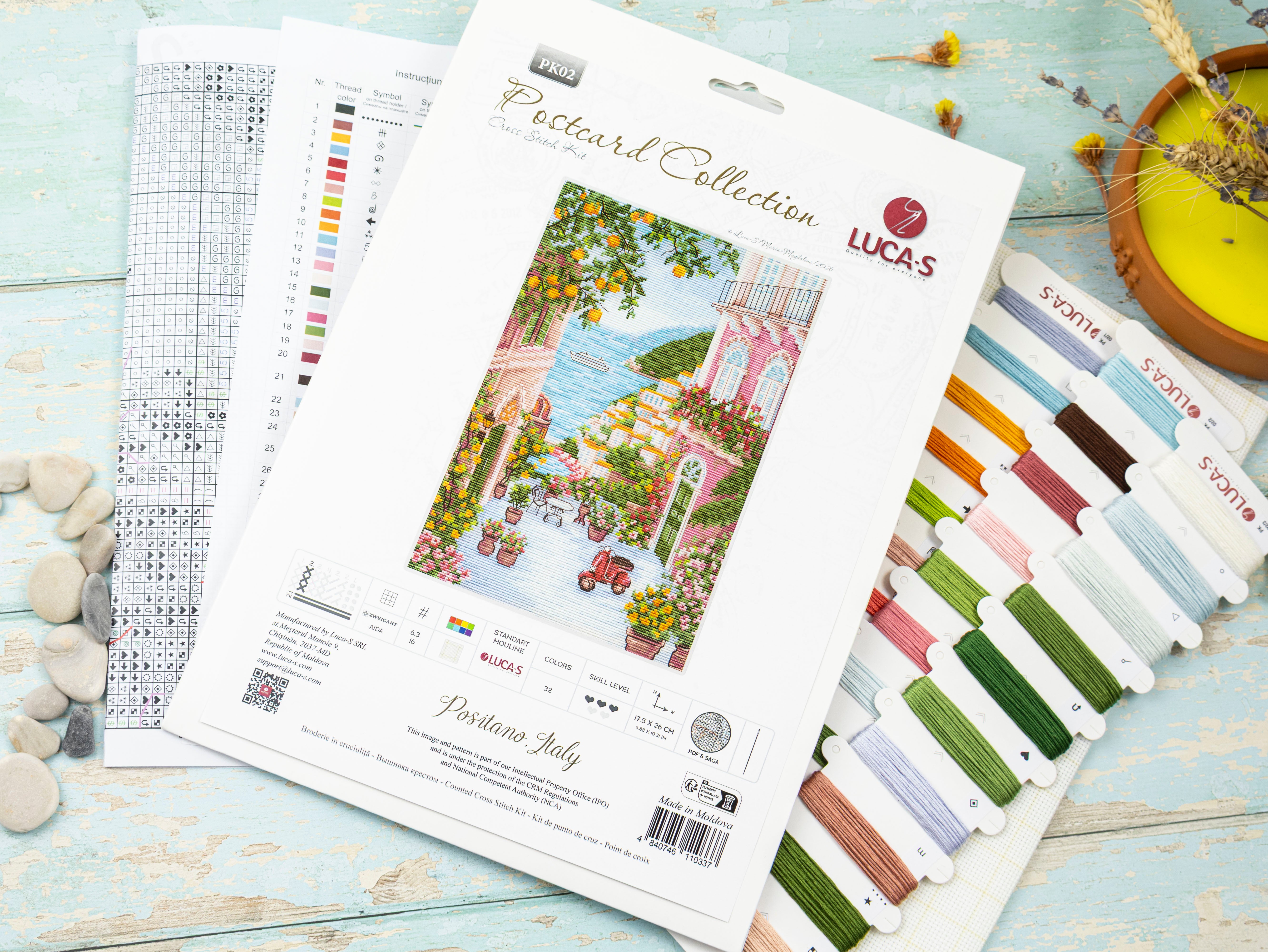 Kit Broderie Luca-S Positano Italy PK02, Colecția Postcard, 17.5 x 26 cm, Material Zweigart Aida 16, 32 Culori, Ață 100% Bumbac