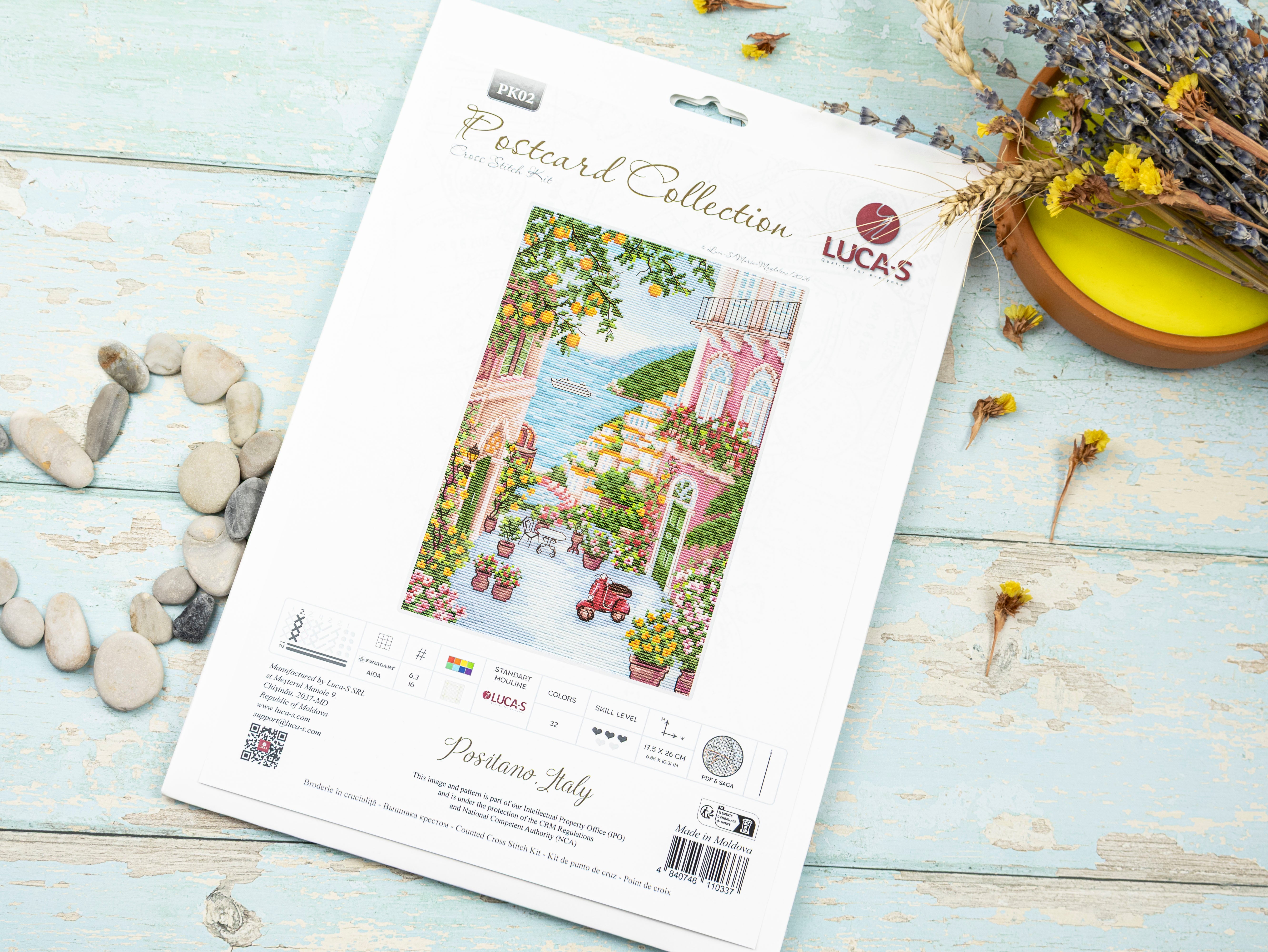 Kit Broderie Luca-S Positano Italy PK02, Colecția Postcard, 17.5 x 26 cm, Material Zweigart Aida 16, 32 Culori, Ață 100% Bumbac
