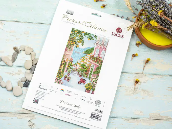 Kit Broderie Luca-S Positano Italy PK02, Colecția Postcard, 17.5 x 26 cm, Material Zweigart Aida 16, 32 Culori, Ață 100% Bumbac
