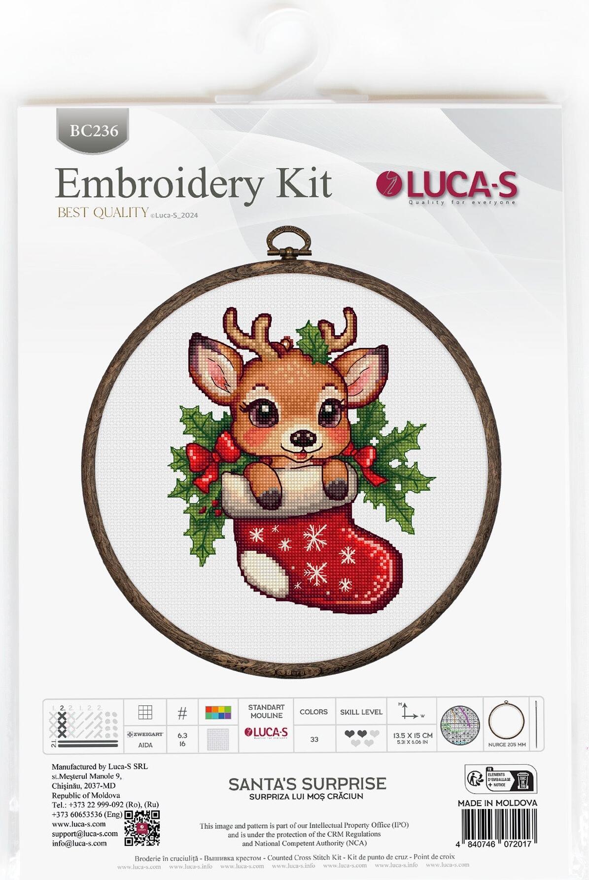 Luca-S Santa's Surprise BC236 Counted Cross Stitch Kit, Zweigart Aida 16 Fabric, 13.5 x 15 cm, 33 Colors, Includes Nurge Woodgrain Hoop