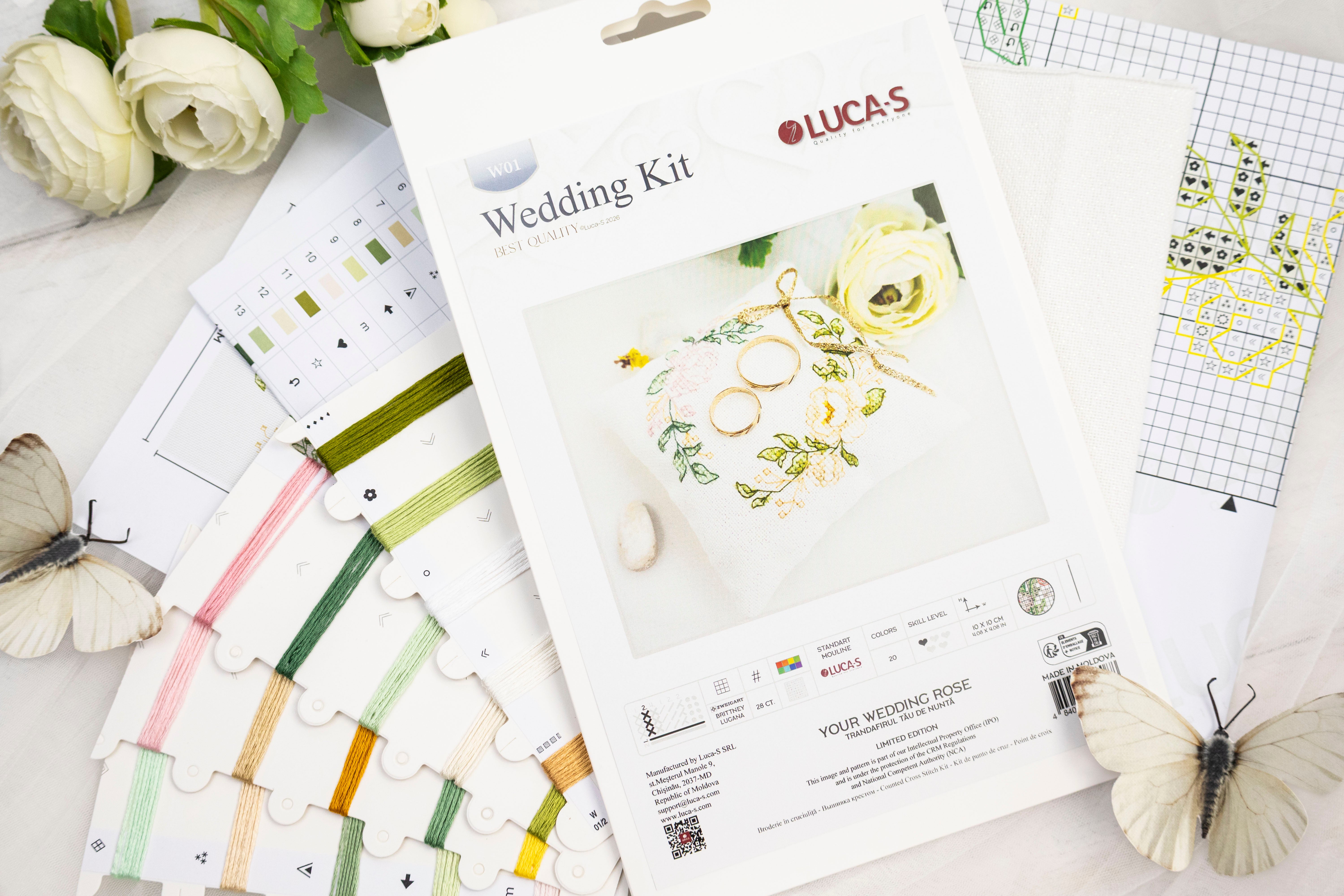 Luca-S Trandafirul Tau de Nunta W01 Kit de Broderie in Cruce, Material Aida 28 ct, Dimensiune Finisata 10x10 cm, 20 Culori, Fir 100% Bumbac